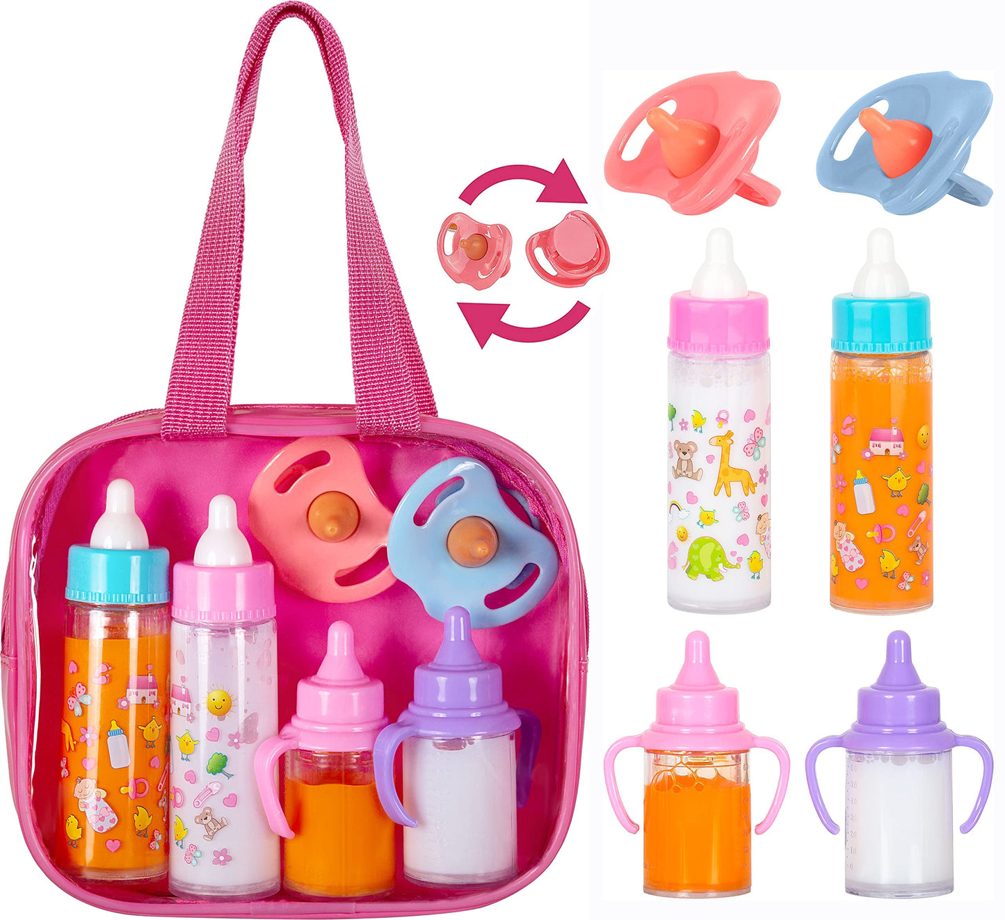 fash n kolor My Sweet Baby Doll Feeding Set – 6-Piece Doll Care Kit with Bottles, Pacifiers & Tote Bag