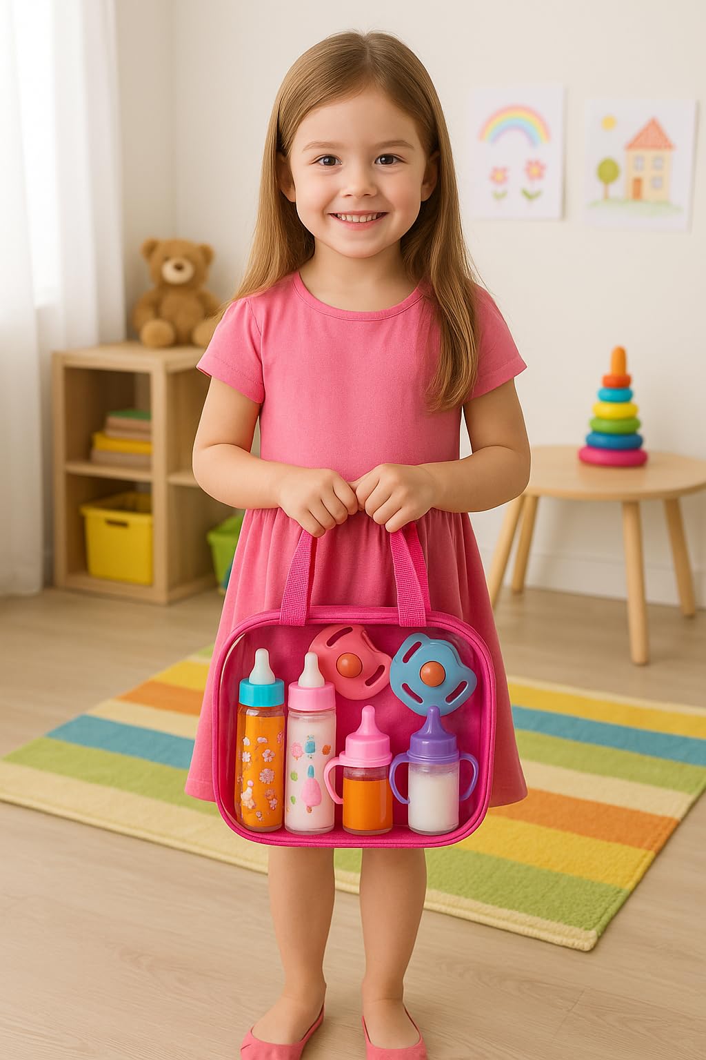 fash n kolor My Sweet Baby Doll Feeding Set – 6-Piece Doll Care Kit with Bottles, Pacifiers & Tote Bag