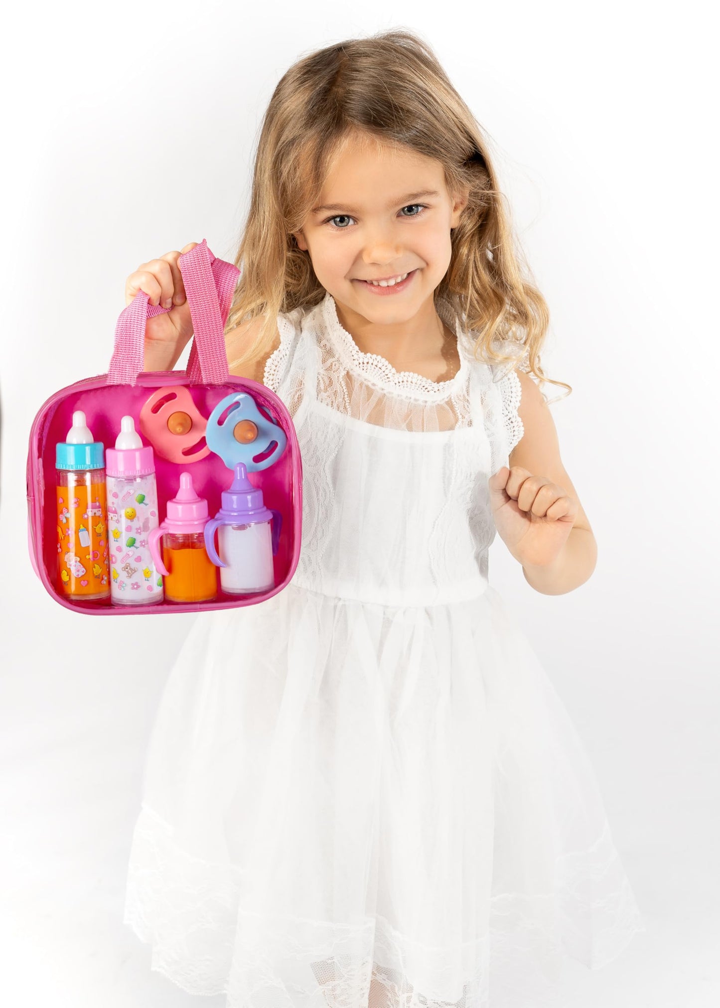 fash n kolor My Sweet Baby Doll Feeding Set – 6-Piece Doll Care Kit with Bottles, Pacifiers & Tote Bag