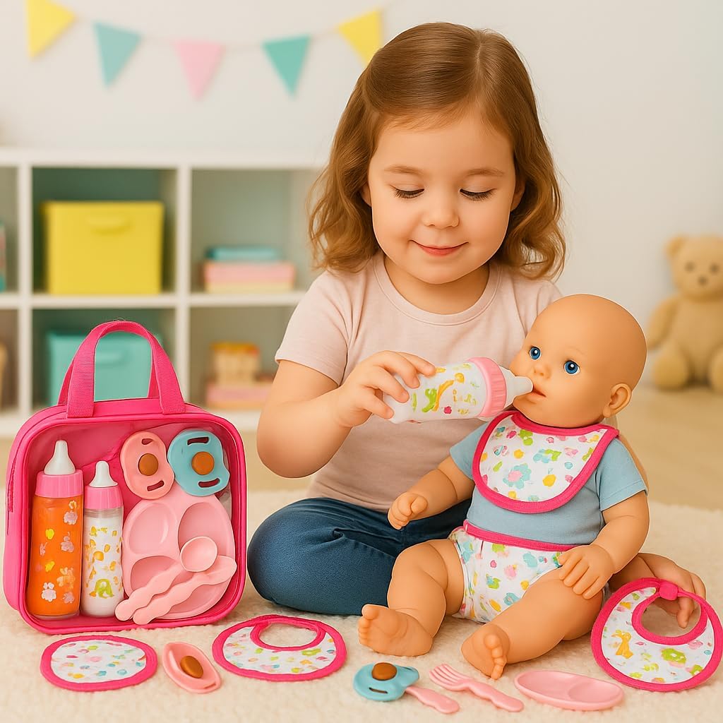 Fash N Kolor My Sweet Baby 13-Piece Doll Feeding & Diaper Bag Set – Pretend Play Kit for 12-18 Inch Dolls