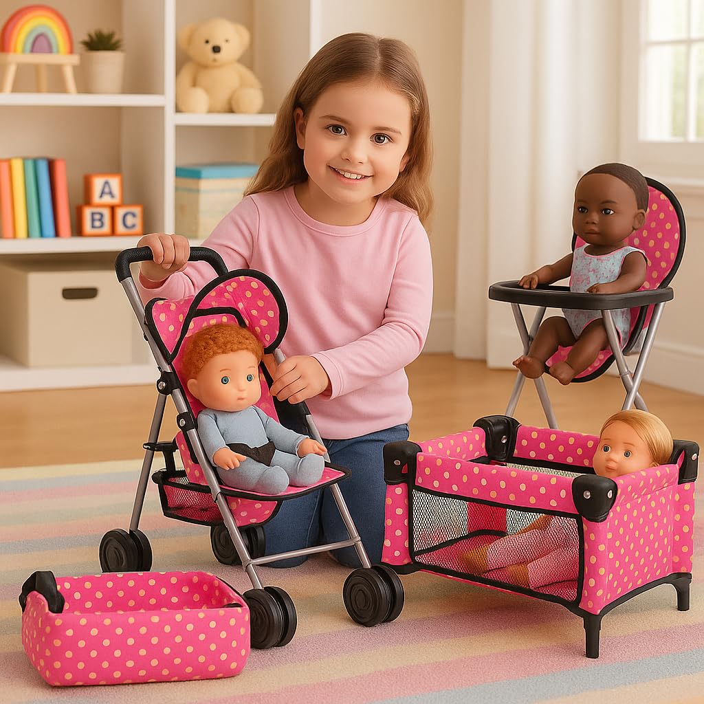 Fash N Kolor 3 Piece Baby Doll Play Set – 3-in-1 Pack N Play, Stroller & High Chair for 18-Inch Dolls