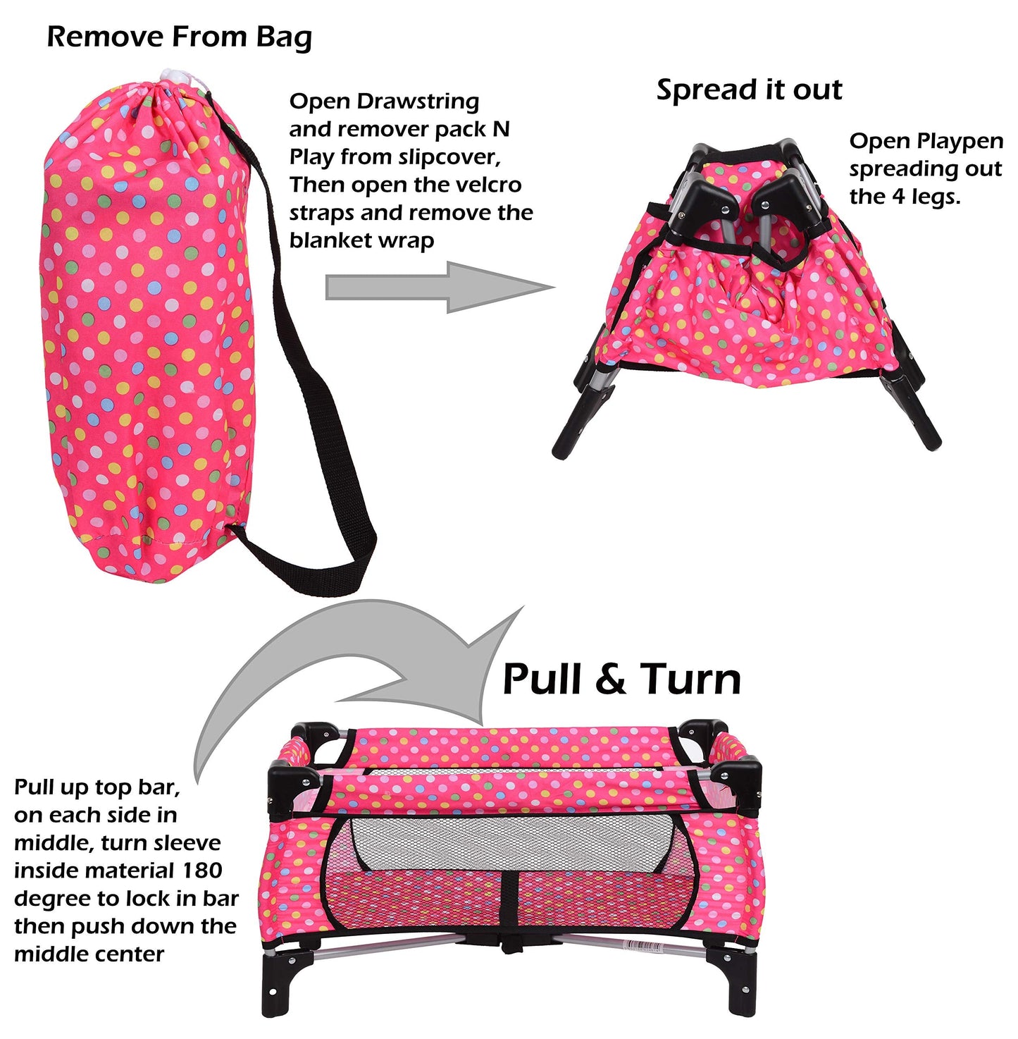 Fash N Kolor 4-Piece Doll Play Set – Stroller, High Chair, Pack N Play & Infant Seat (Fits Up to 18” Dolls)