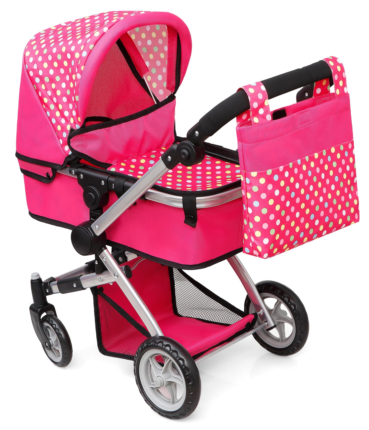 Fash n Kolor Foldable Pram for Baby Doll – Polka Dots, Swiveling Wheels, Adjustable Handle