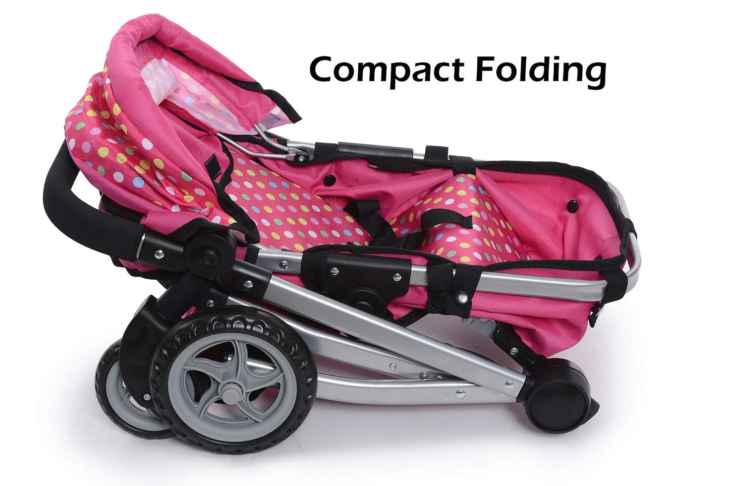 Fash n Kolor Foldable Pram for Baby Doll – Polka Dots, Swiveling Wheels, Adjustable Handle