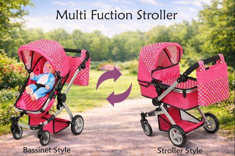 Fash n Kolor Foldable Pram for Baby Doll – Polka Dots, Swiveling Wheels, Adjustable Handle