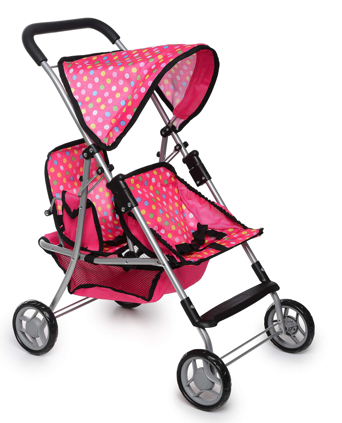 Fash n Kolor Twin Baby Doll Stroller – Polka-Dot Pink, Foldable Twin Stroller for Dolls