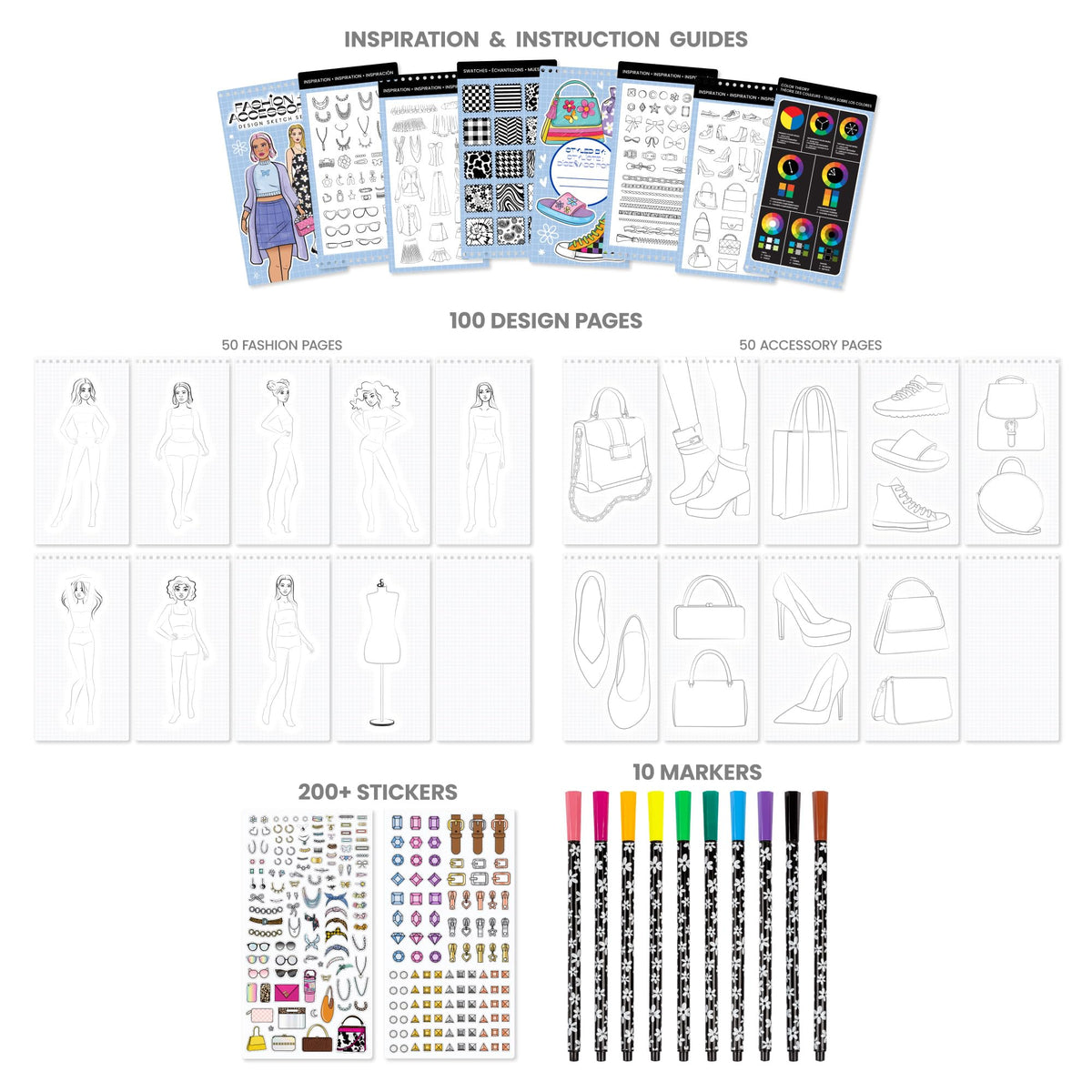 Fashion Angels Fashion & Accessory Design Sketch Set | 100 Sheets, Stickers & Markers