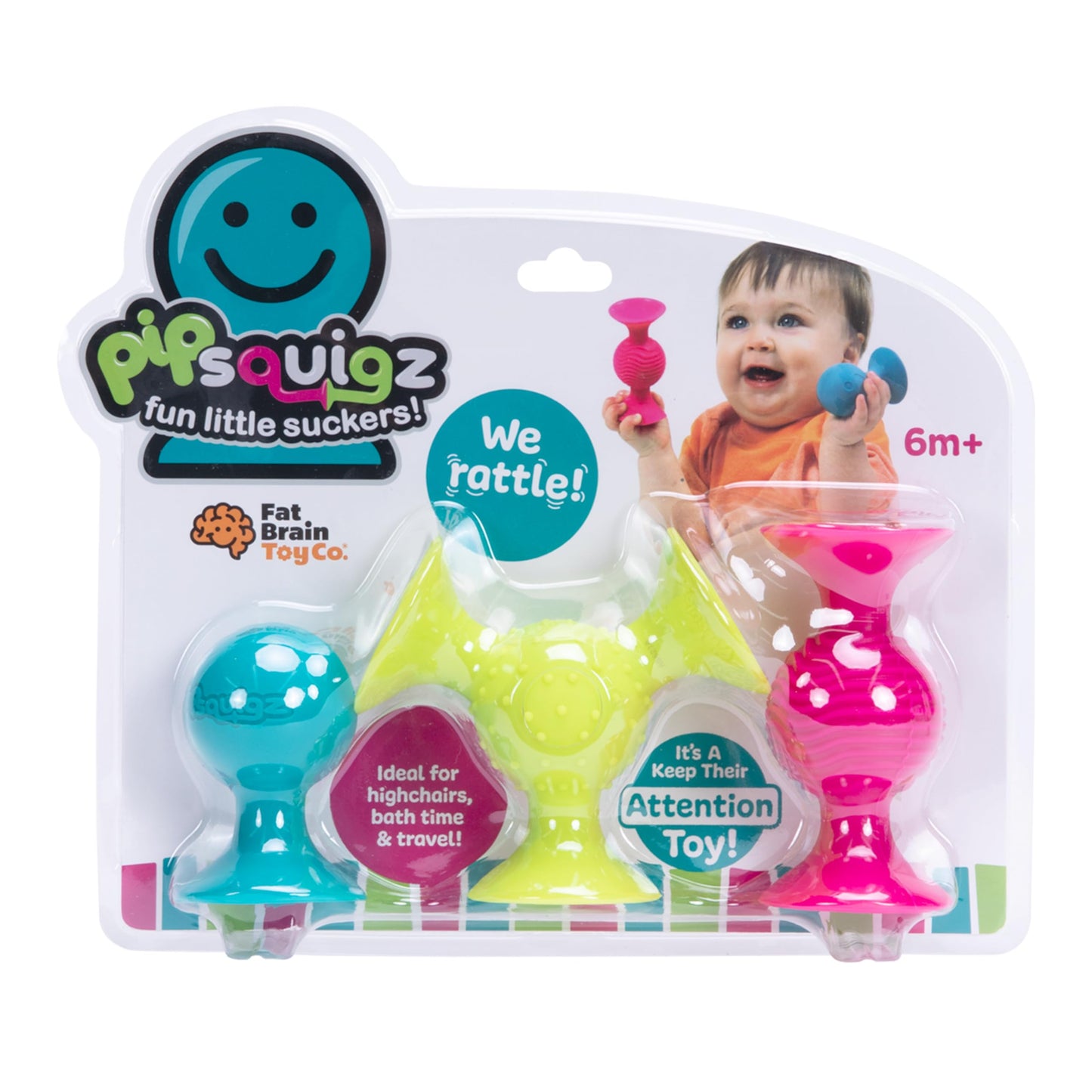 Fat Brain Toys pipSquigz – Sensory Rattle & Suction Cup Toy for Babies 6 Months+