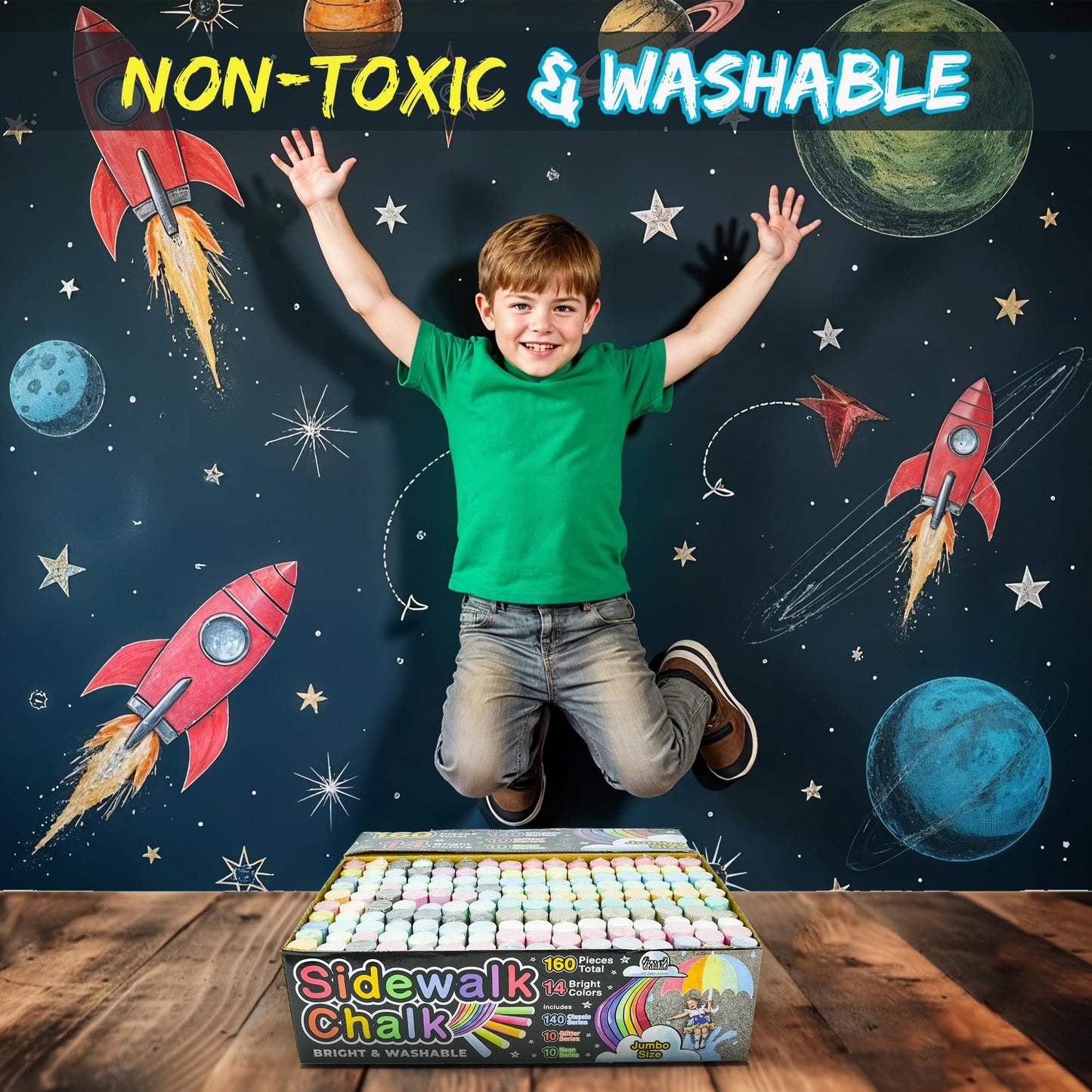 Fat Zebra Designs 160-Piece Sidewalk Chalk Set – 14 Colors, Neon & Glitter, Washable & Non-Toxic