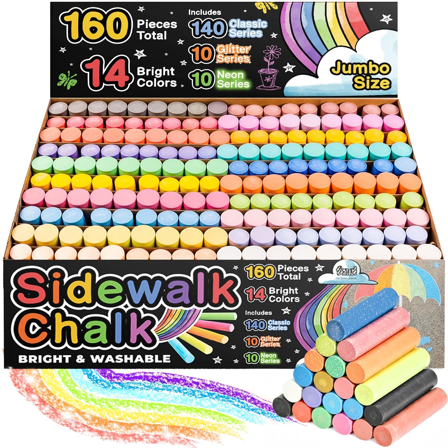 Fat Zebra Designs 160-Piece Sidewalk Chalk Set – 14 Colors, Neon & Glitter, Washable & Non-Toxic