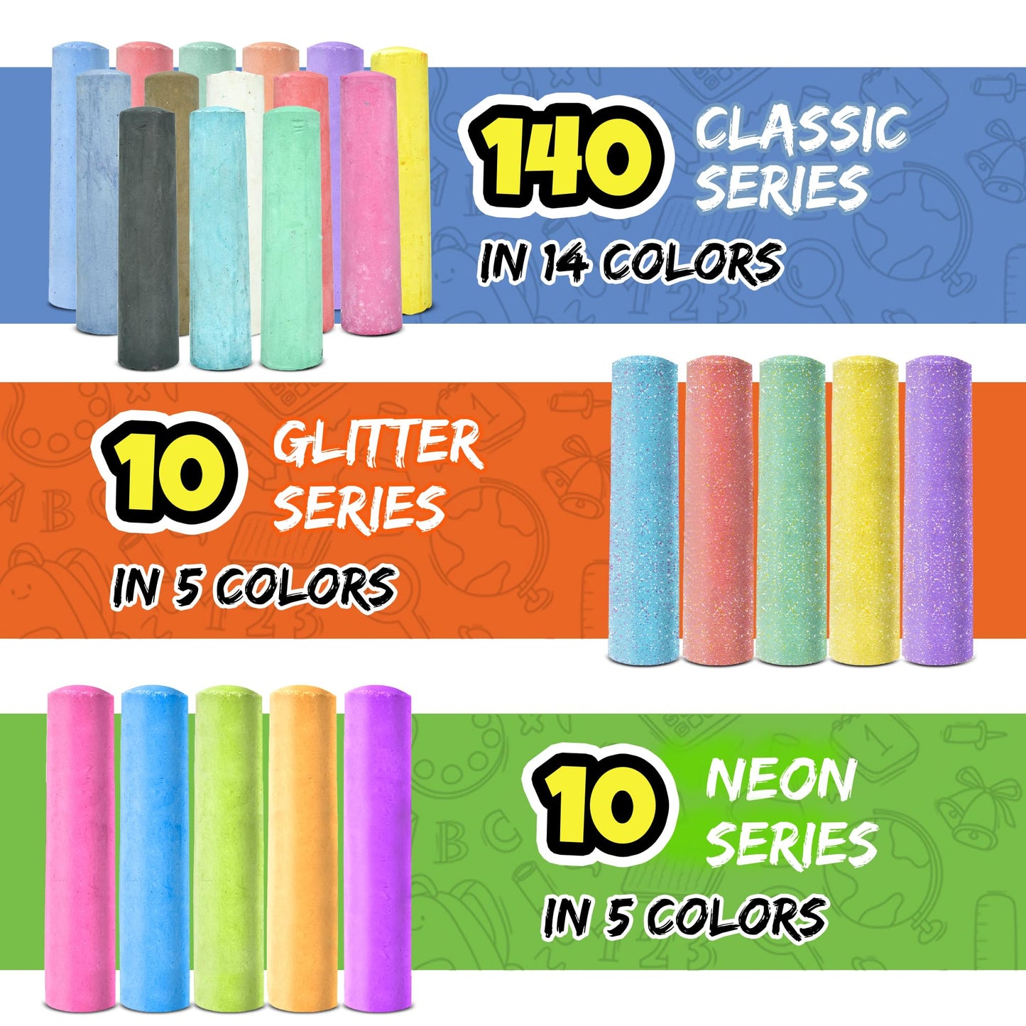 Fat Zebra Designs 160-Piece Sidewalk Chalk Set – 14 Colors, Neon & Glitter, Washable & Non-Toxic