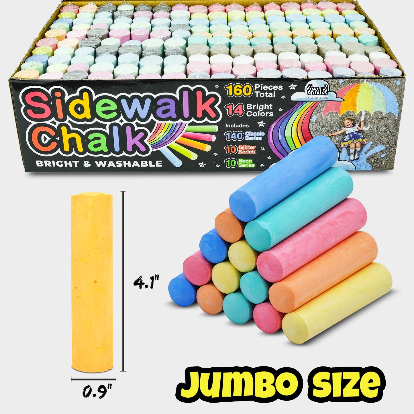 Fat Zebra Designs 160-Piece Sidewalk Chalk Set – 14 Colors, Neon & Glitter, Washable & Non-Toxic