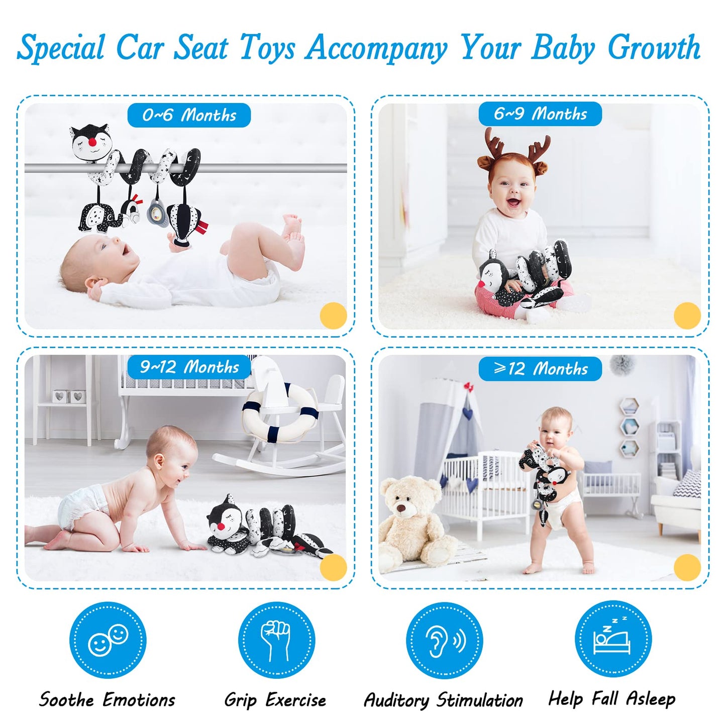 FATI Black & White High-Contrast Spiral Car Seat Toy for Babies 0-6 Months | Ideal Gift