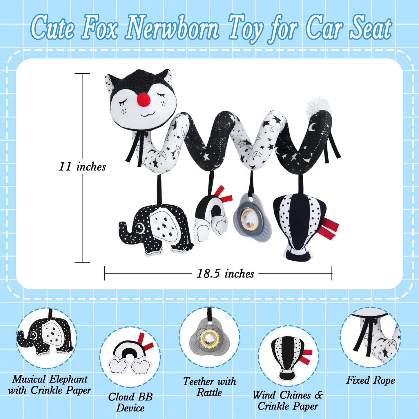 FATI Black & White High-Contrast Spiral Car Seat Toy for Babies 0-6 Months | Ideal Gift