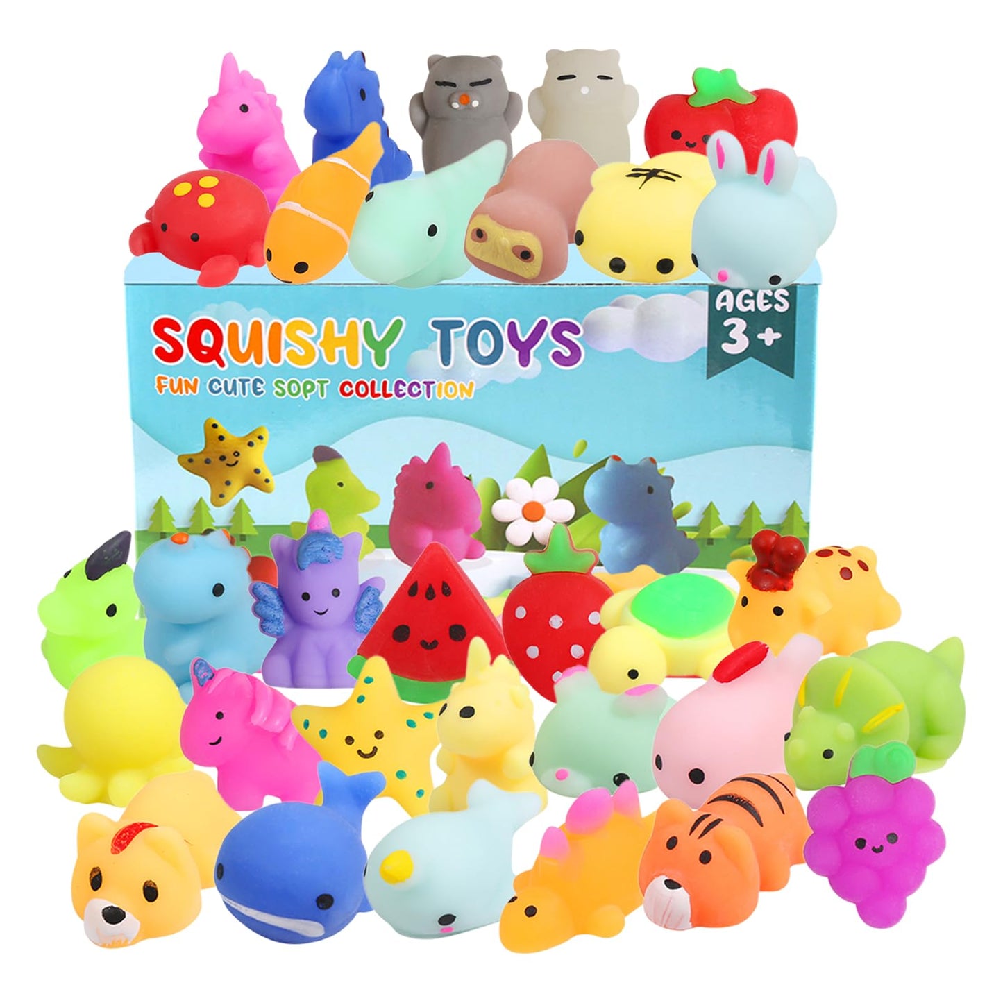 FauKait 32 Pack Kawaii Squishy Toys – Party Favors, Classroom Prizes, Mochi Stress Relief