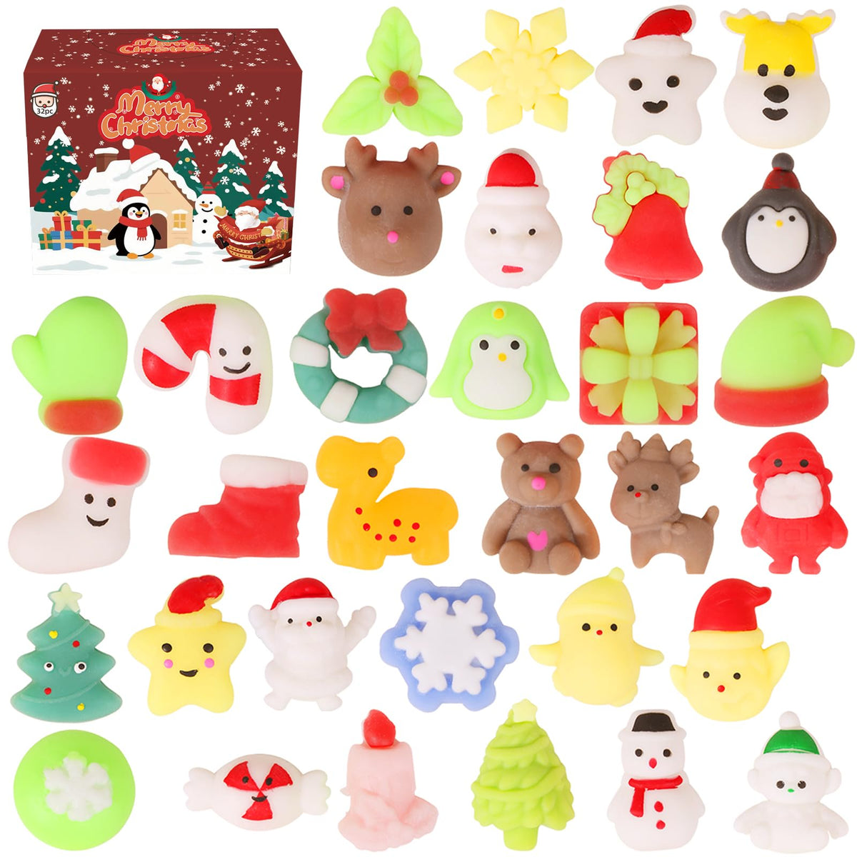 FauKait 32pcs Christmas Mochi Squishy Toys – Stress Relief Fidget & Party Favors