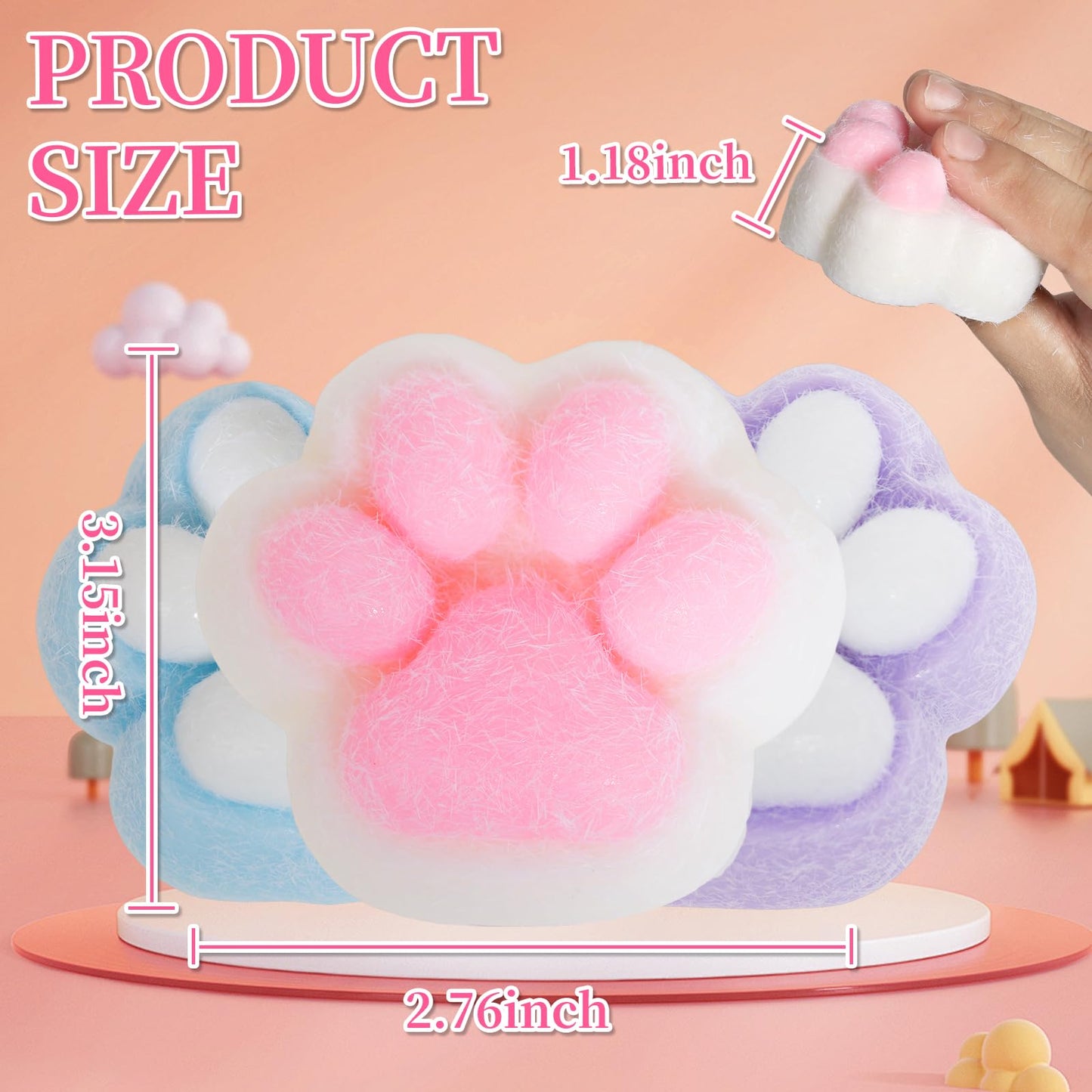 FauKait 3pcs Cat Paw Squishy Toys - Big 3.15in Jelly Fidget Set