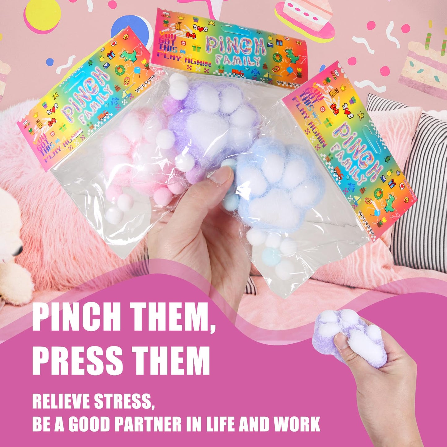 FauKait 3pcs Cat Paw Squishy Toys - Big 3.15in Jelly Fidget Set