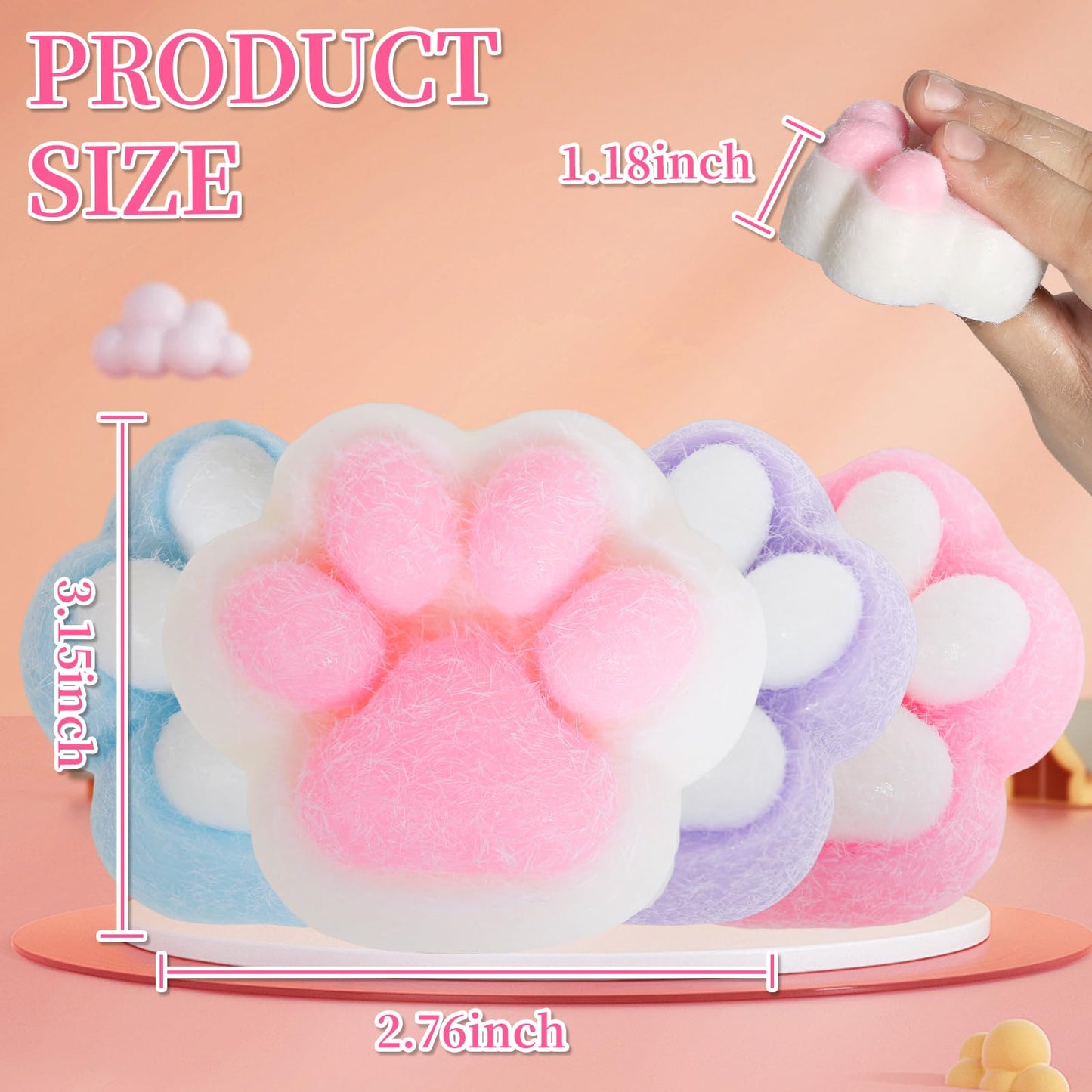 FauKait Cat Paw Squishies – 4-Pack Big 3.15in Kawaii Fidget Toys for Adults & Kids