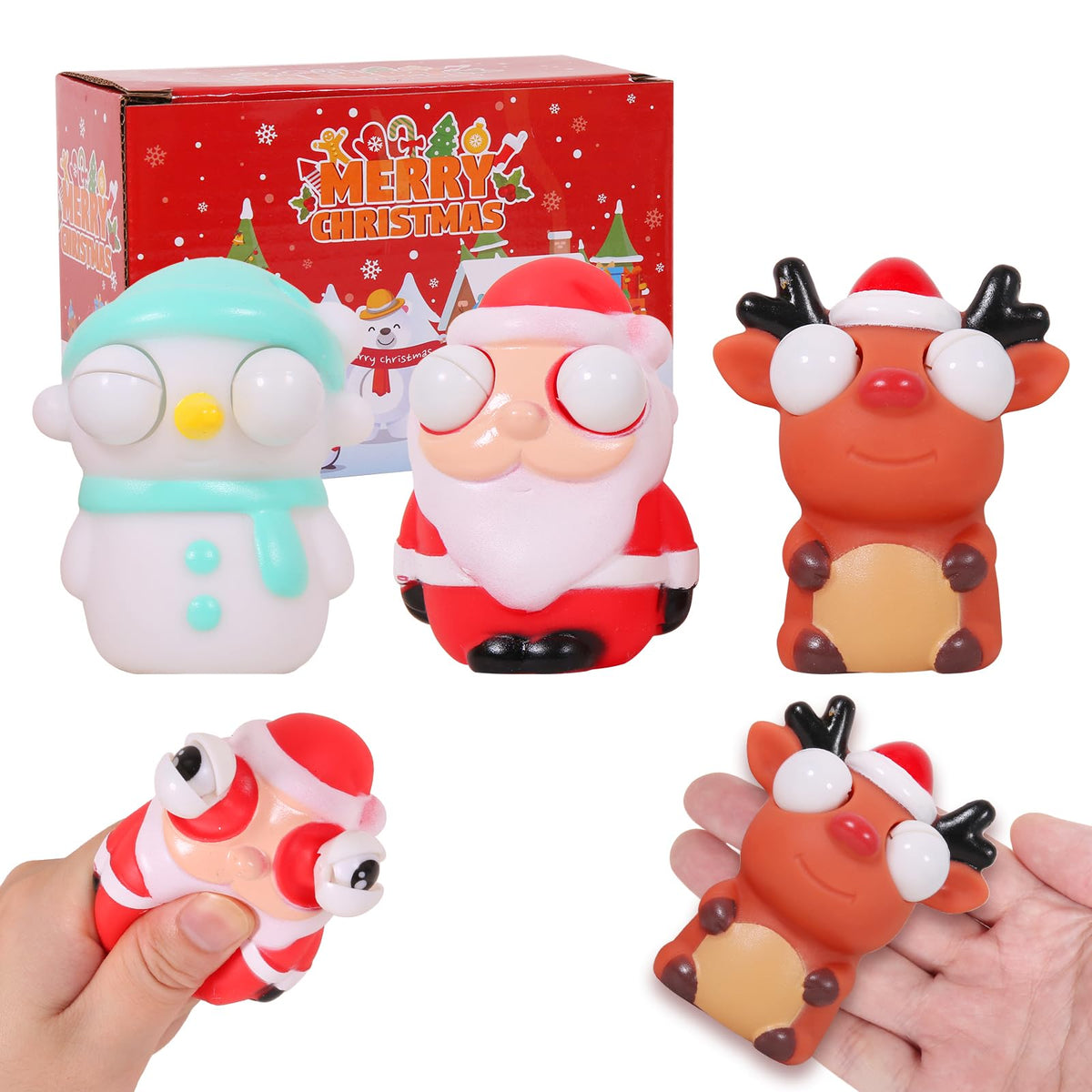 FauKait 3-Pack Christmas Squeeze Out Eyes Toys – Santa, Snowman, Elk
