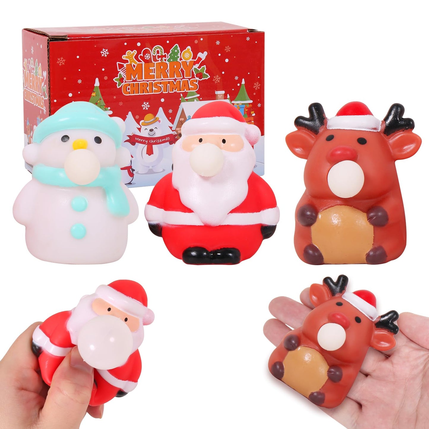FauKait 3 Pack Christmas Squeeze Spit Bubble Toys – Santa, Snowman & Elk