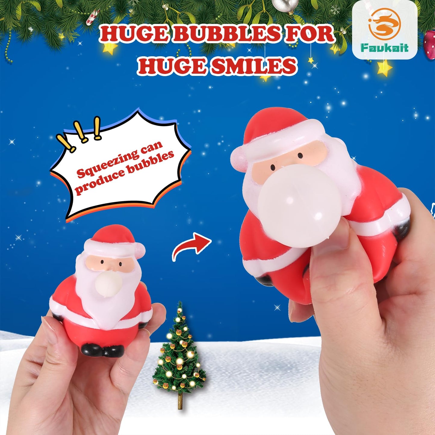 FauKait 3 Pack Christmas Squeeze Spit Bubble Toys – Santa, Snowman & Elk