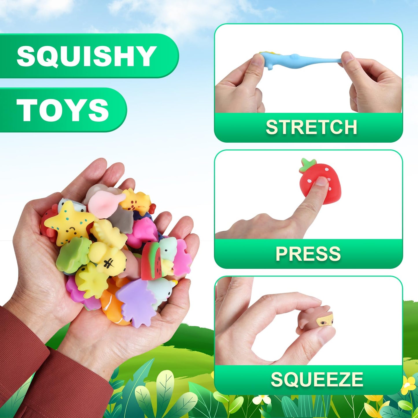 FauKait 32 Pack Kawaii Squishy Toys – Party Favors, Classroom Prizes, Mochi Stress Relief