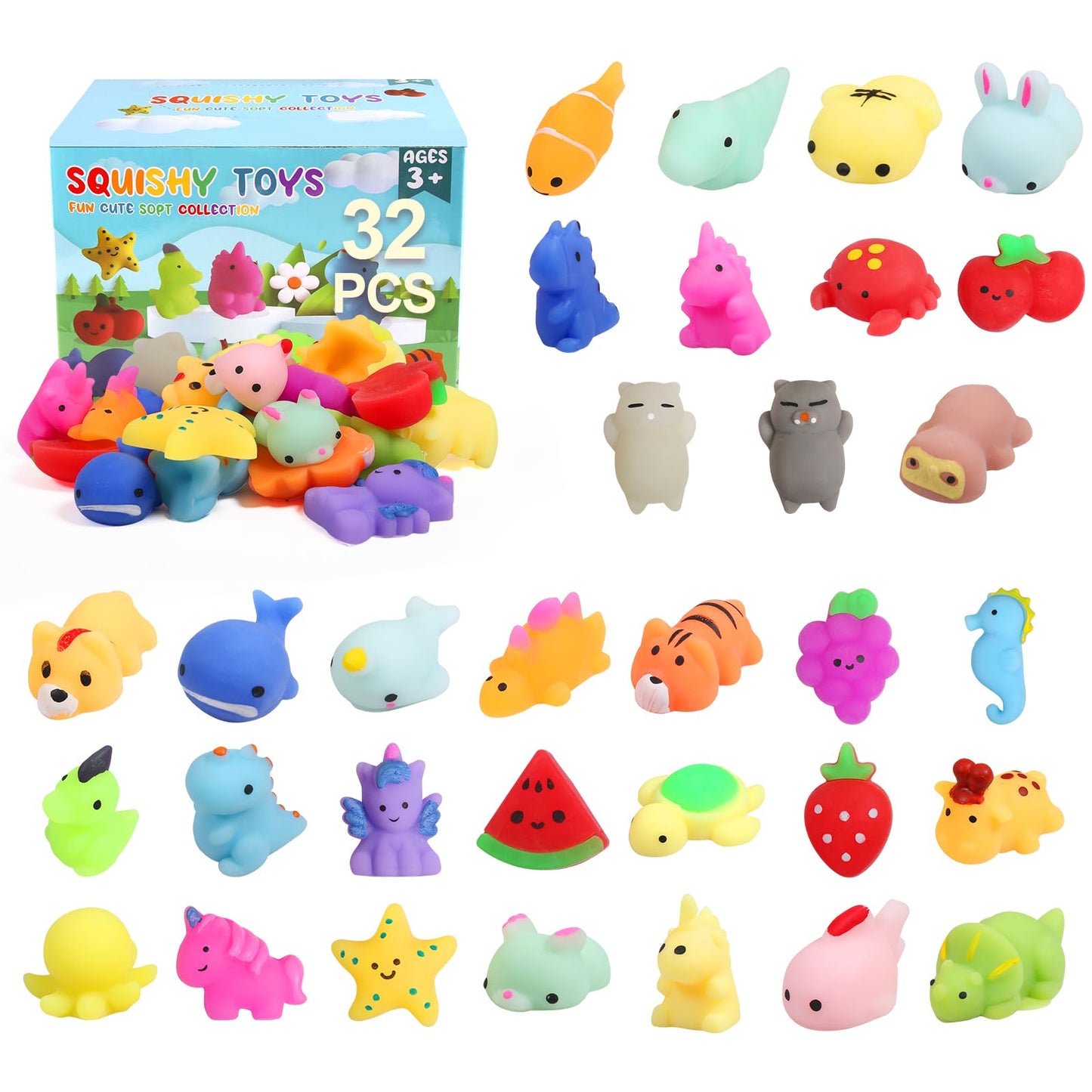 FauKait 32 Pack Kawaii Squishy Toys – Party Favors, Classroom Prizes, Mochi Stress Relief