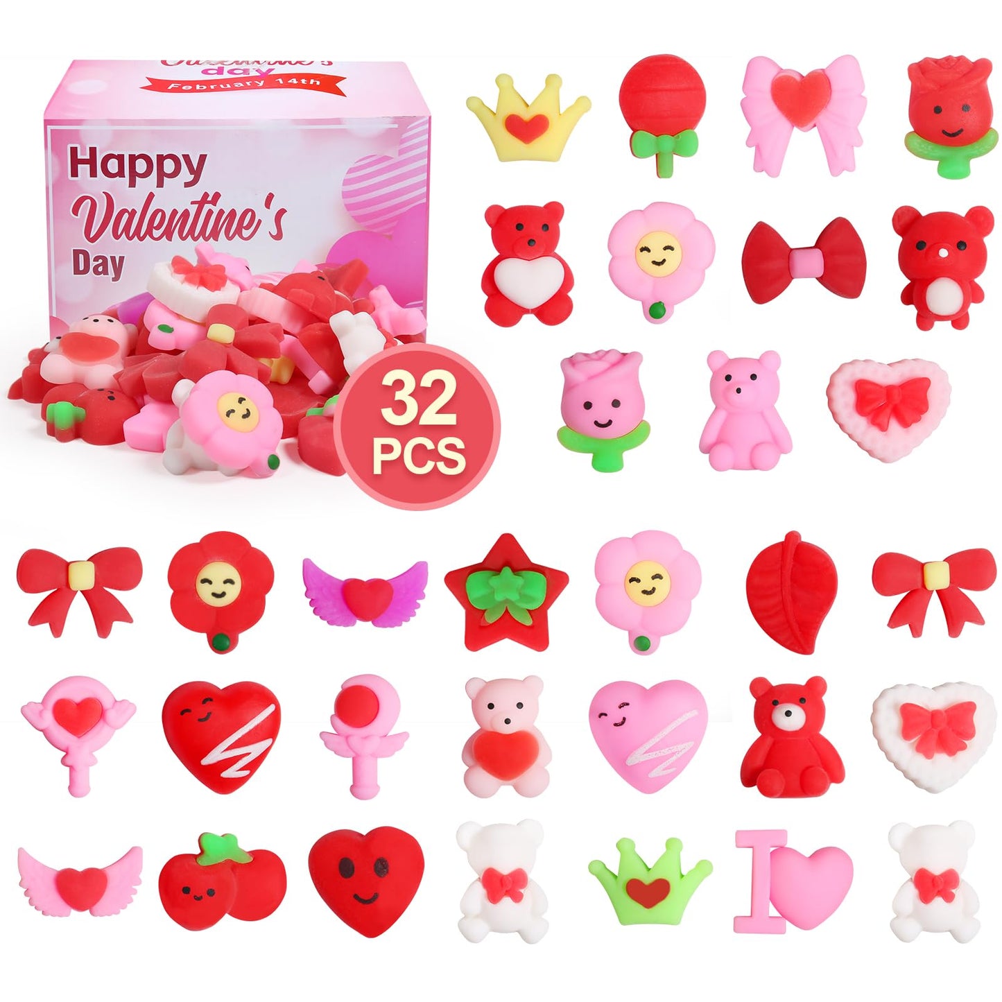 Faukait 32-Pack Valentines Squishies – Cute Mochi Toys for Parties