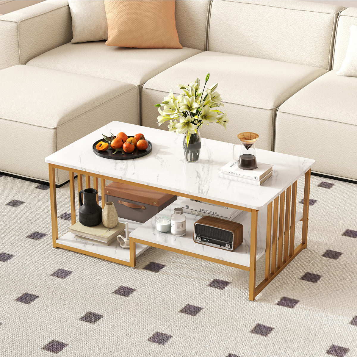 Faux Marble Coffee Table with Open Storage Shelf-Grey