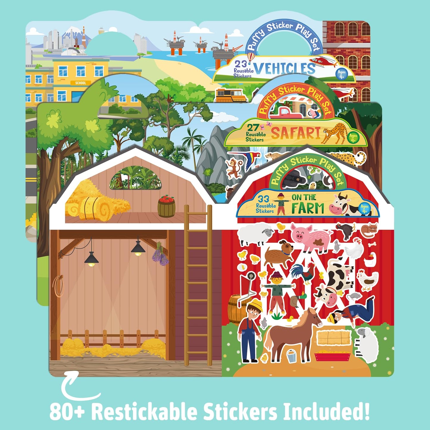 FAVORGEAR Reusable Puffy Sticker Book for Kids – 80+ Restickable Stickers | Travel Toy