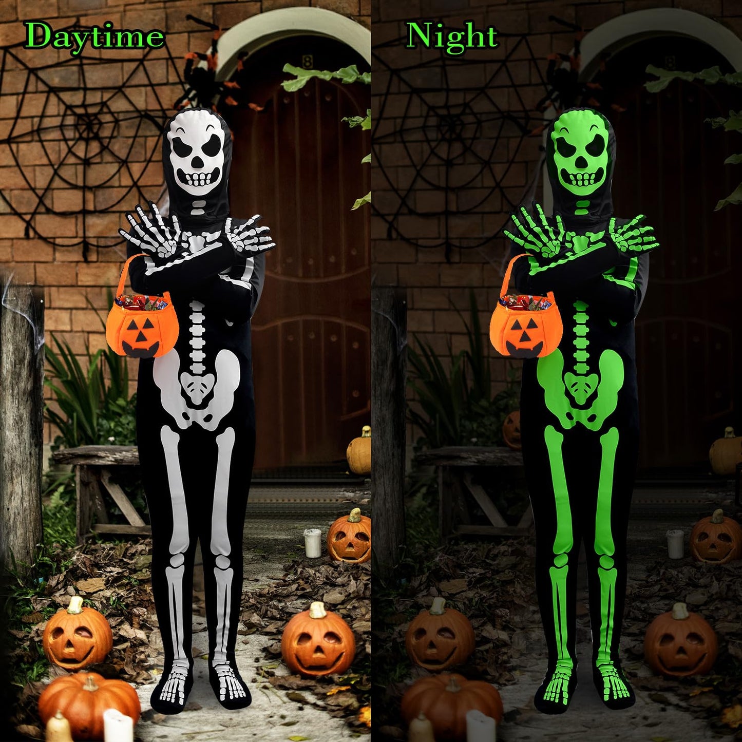 Faybox Glow-in-the-Dark Skeleton Costume for Kids — Includes Pumpkin Bag (Sizes 3-12)