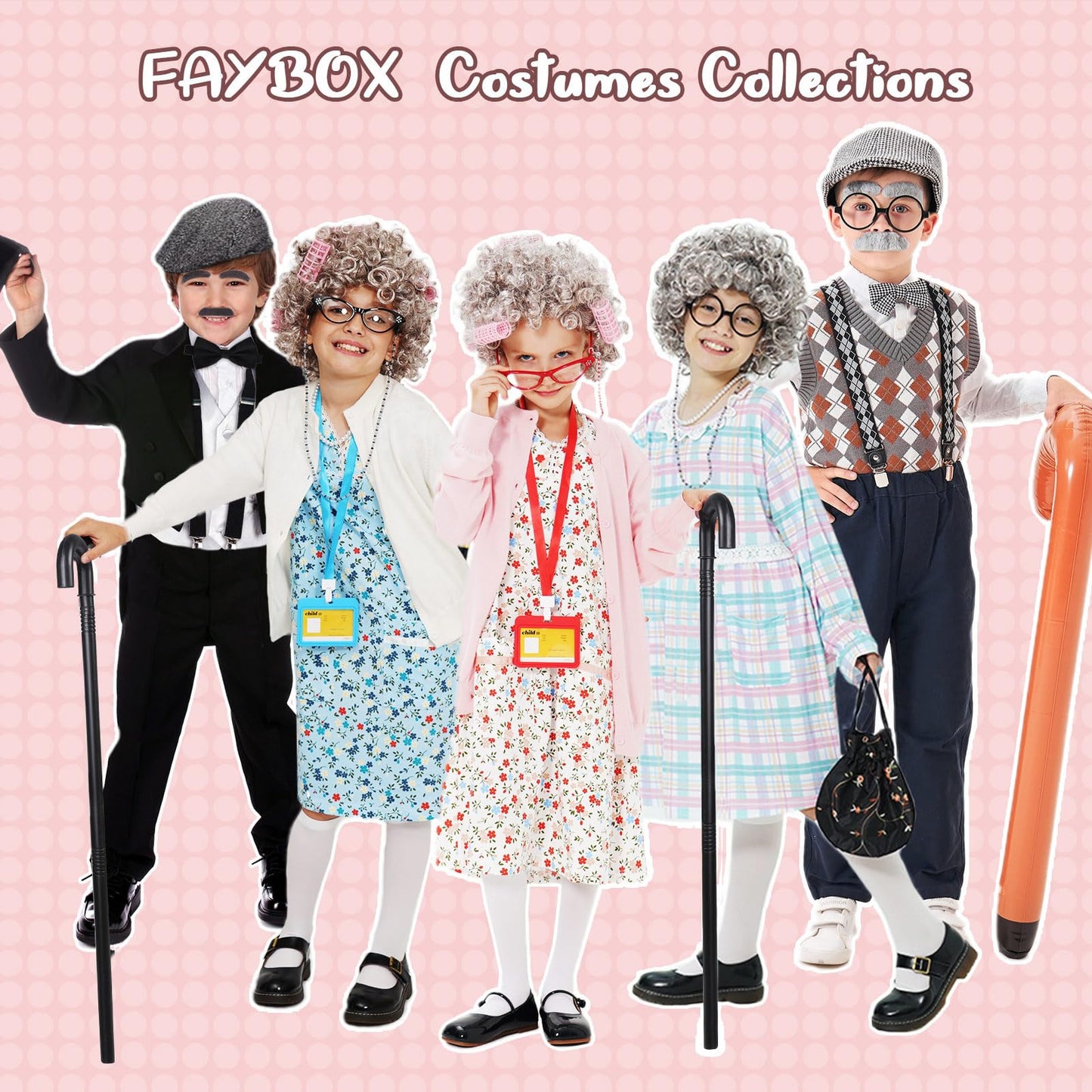 FAYBOX 9-Piece Old Lady Costume for Kids | 100 Days of School Dress-Up