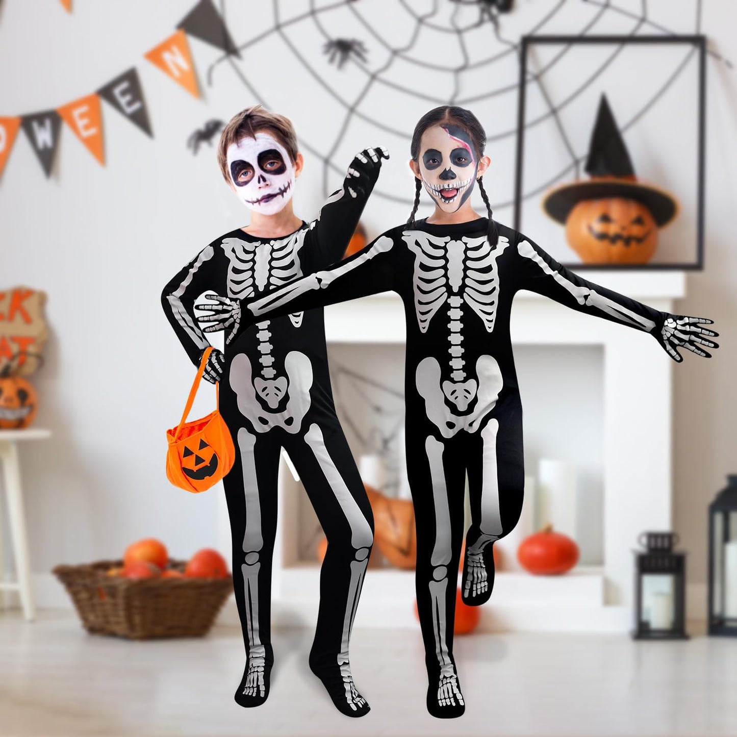 Faybox Glow-in-the-Dark Skeleton Costume for Kids — Includes Pumpkin Bag (Sizes 3-12)