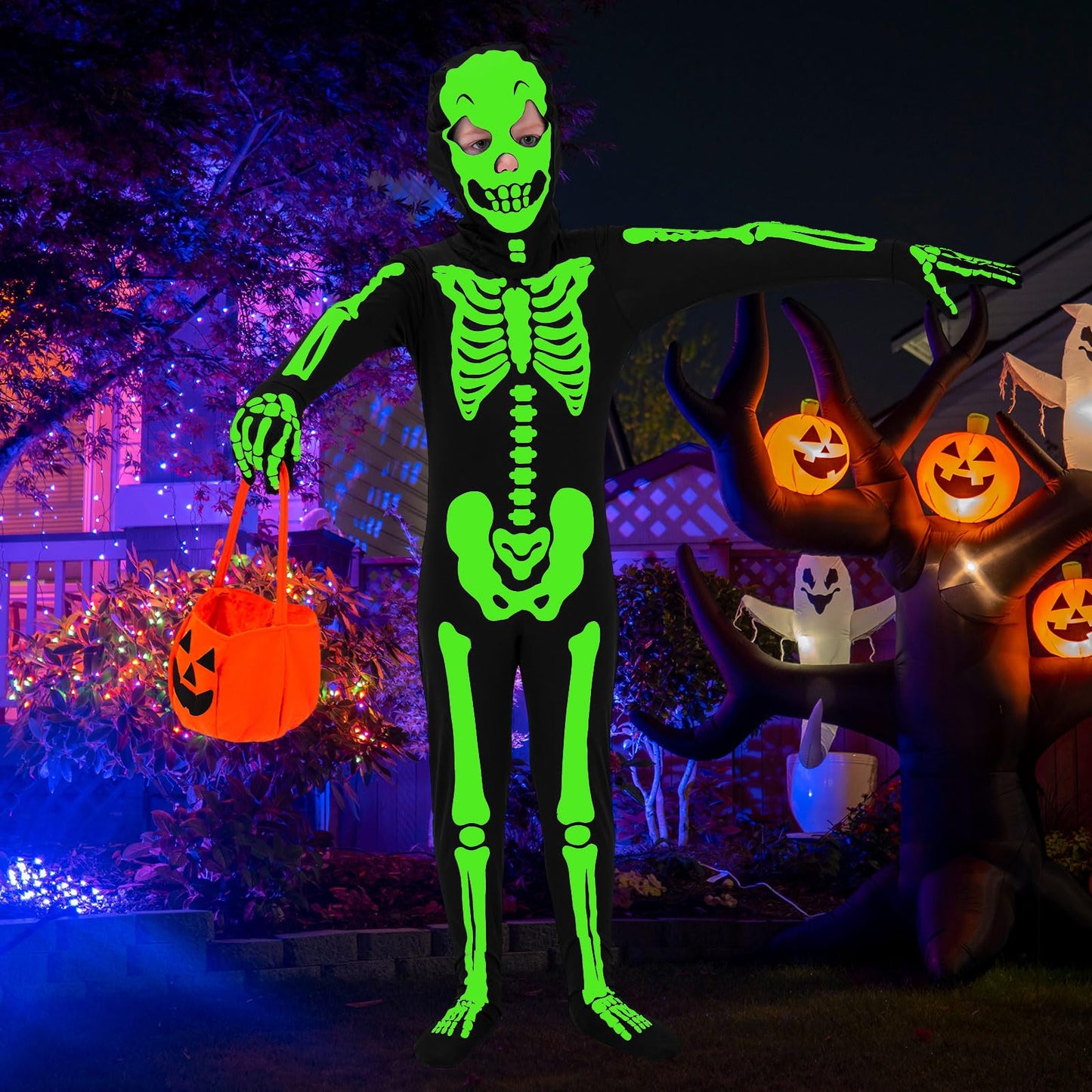 Faybox Glow-in-the-Dark Skeleton Costume for Kids — Includes Pumpkin Bag (Sizes 3-12)