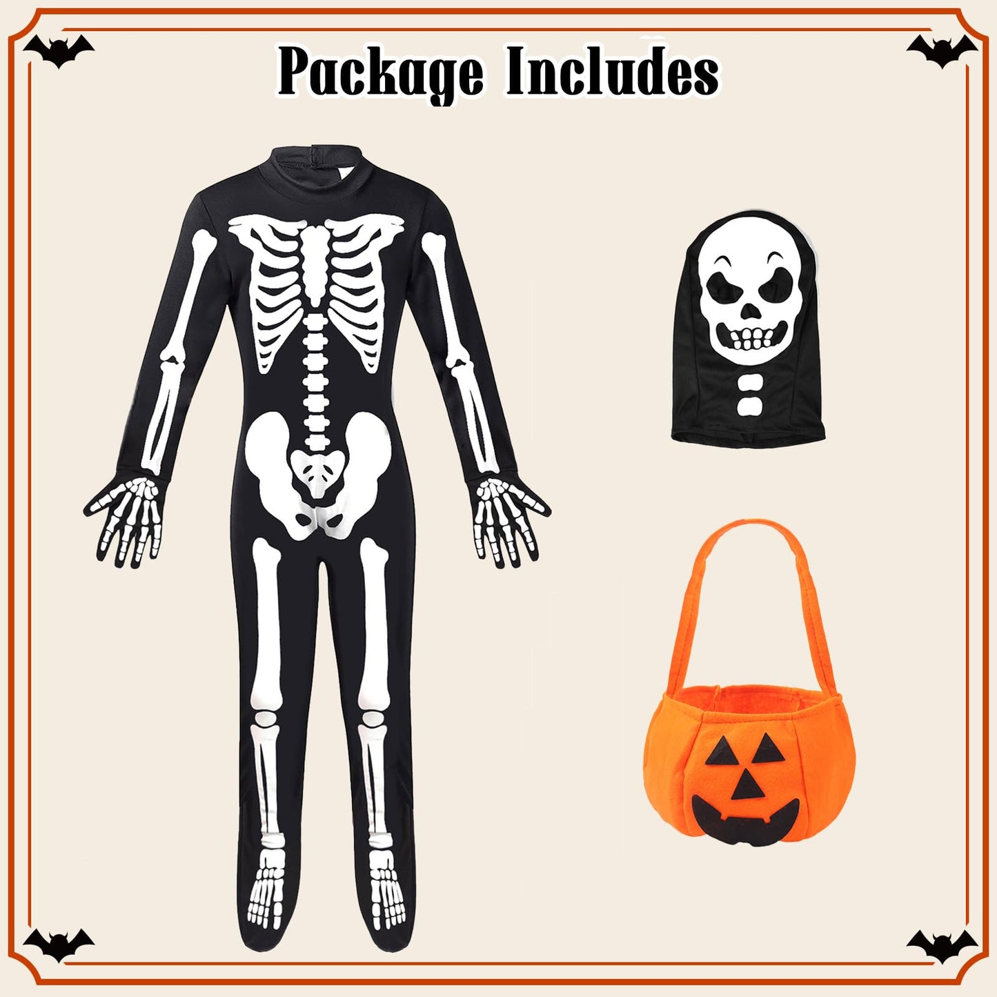 Faybox Glow-in-the-Dark Skeleton Costume for Kids — Includes Pumpkin Bag (Sizes 3-12)