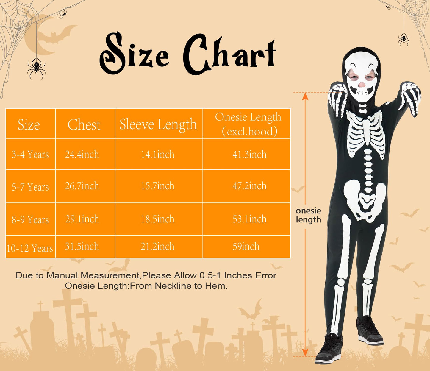 Faybox Glow-in-the-Dark Skeleton Costume for Kids — Includes Pumpkin Bag (Sizes 3-12)
