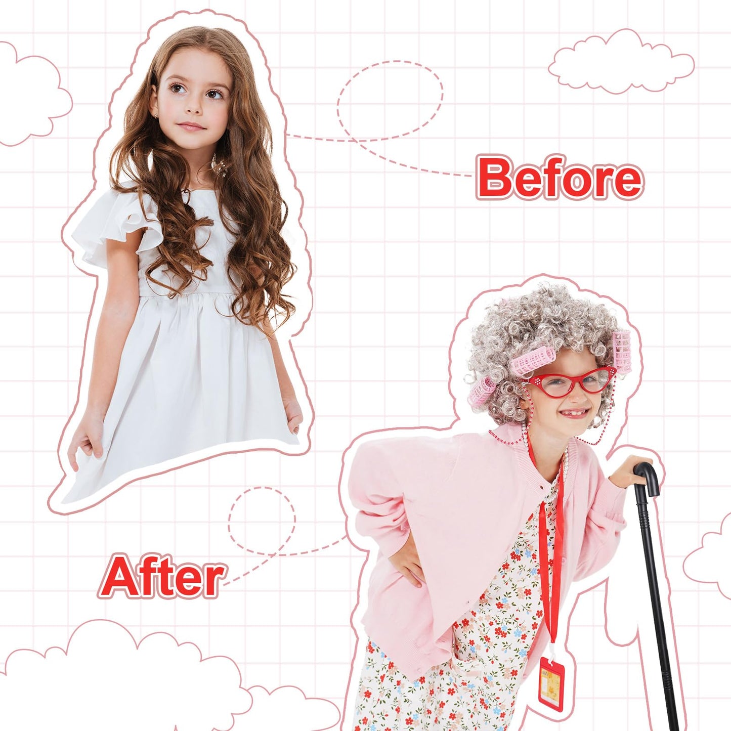 FAYBOX 9-Piece Old Lady Costume for Kids | 100 Days of School Dress-Up