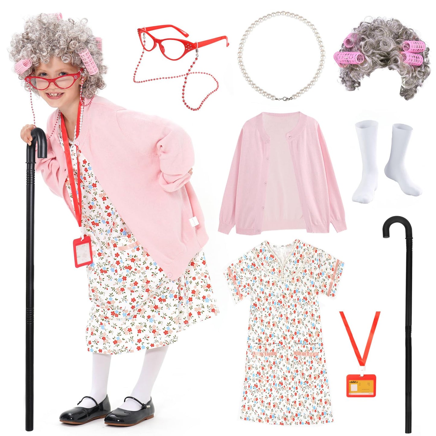 FAYBOX 9-Piece Old Lady Costume for Kids | 100 Days of School Dress-Up