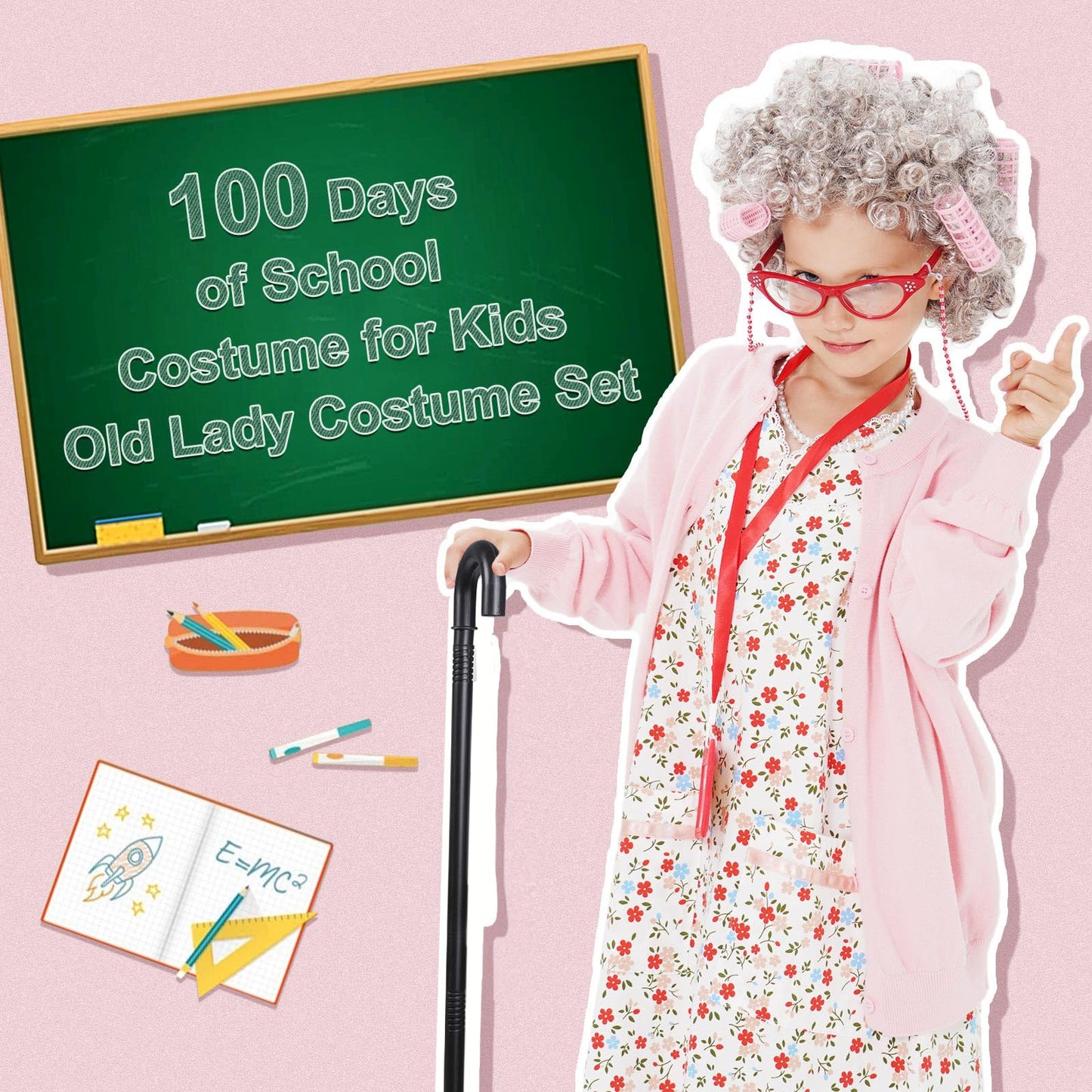 FAYBOX 9-Piece Old Lady Costume for Kids | 100 Days of School Dress-Up