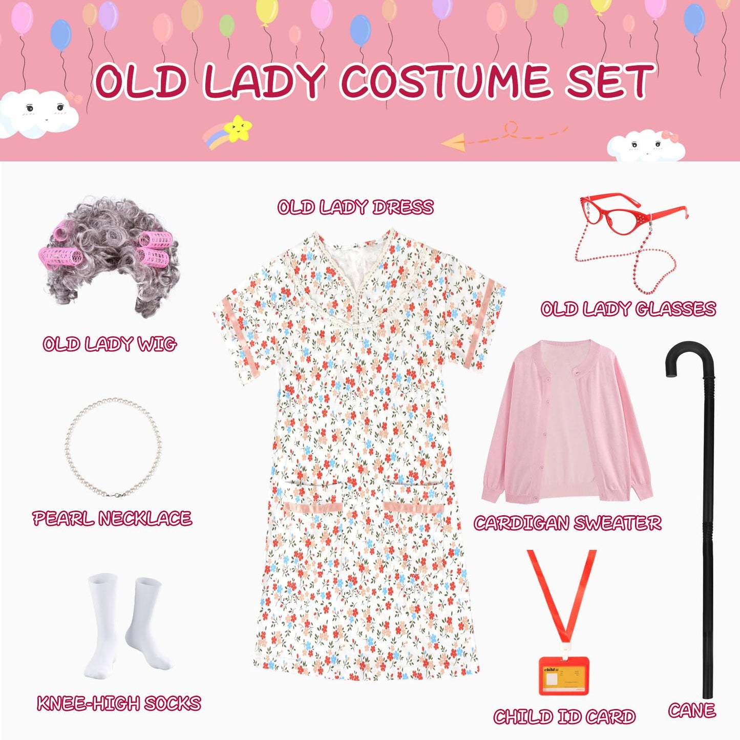 FAYBOX 9-Piece Old Lady Costume for Kids | 100 Days of School Dress-Up