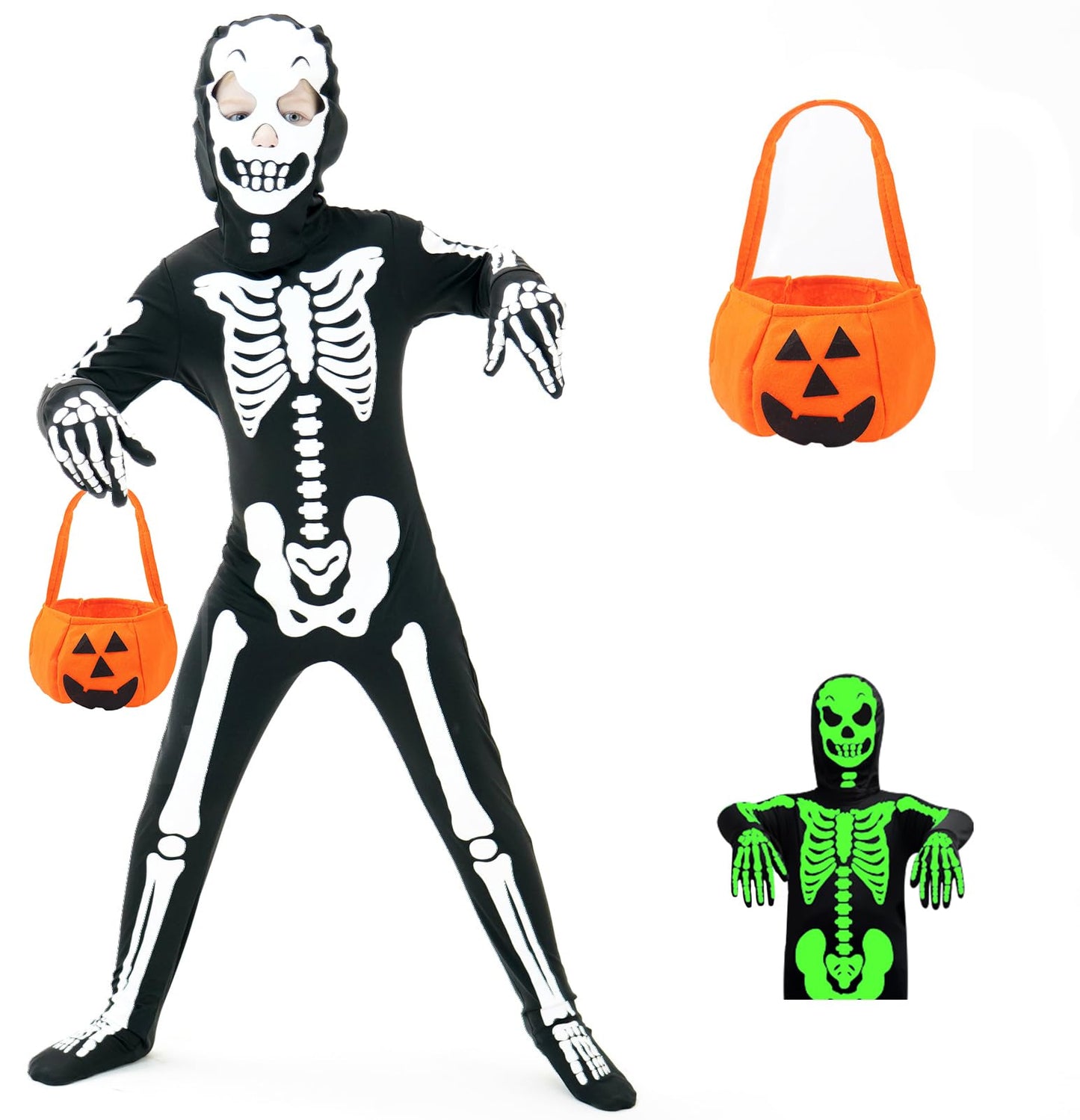 Faybox Glow-in-the-Dark Skeleton Costume for Kids — Includes Pumpkin Bag (Sizes 3-12)