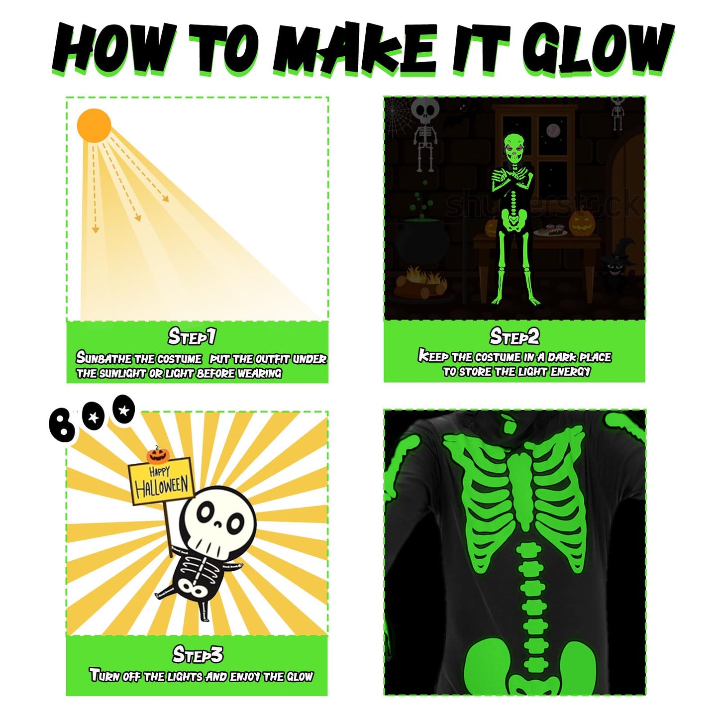 Faybox Glow-in-the-Dark Skeleton Costume for Kids — Includes Pumpkin Bag (Sizes 3-12)
