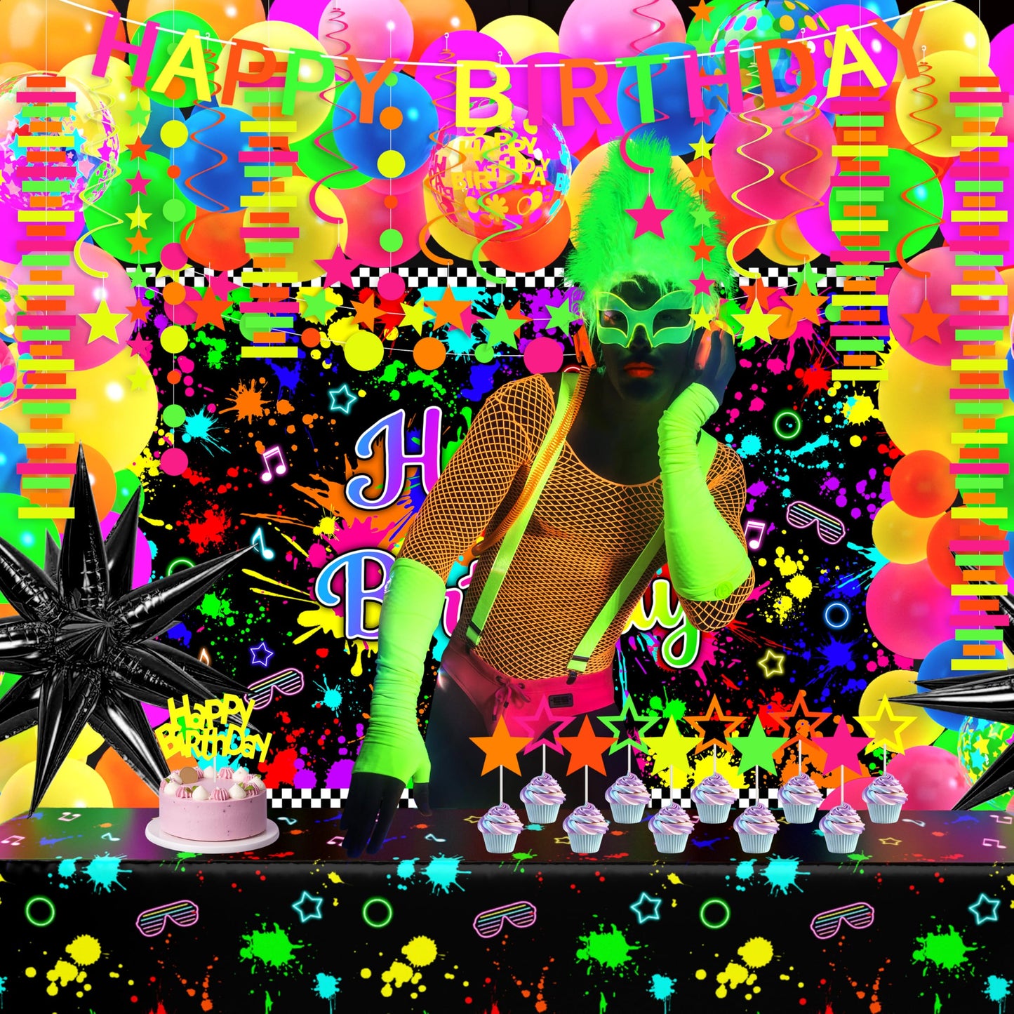Fayoo Neon Birthday Party Decorations - Glow in the Dark Backdrop, Balloons & Neon Banner