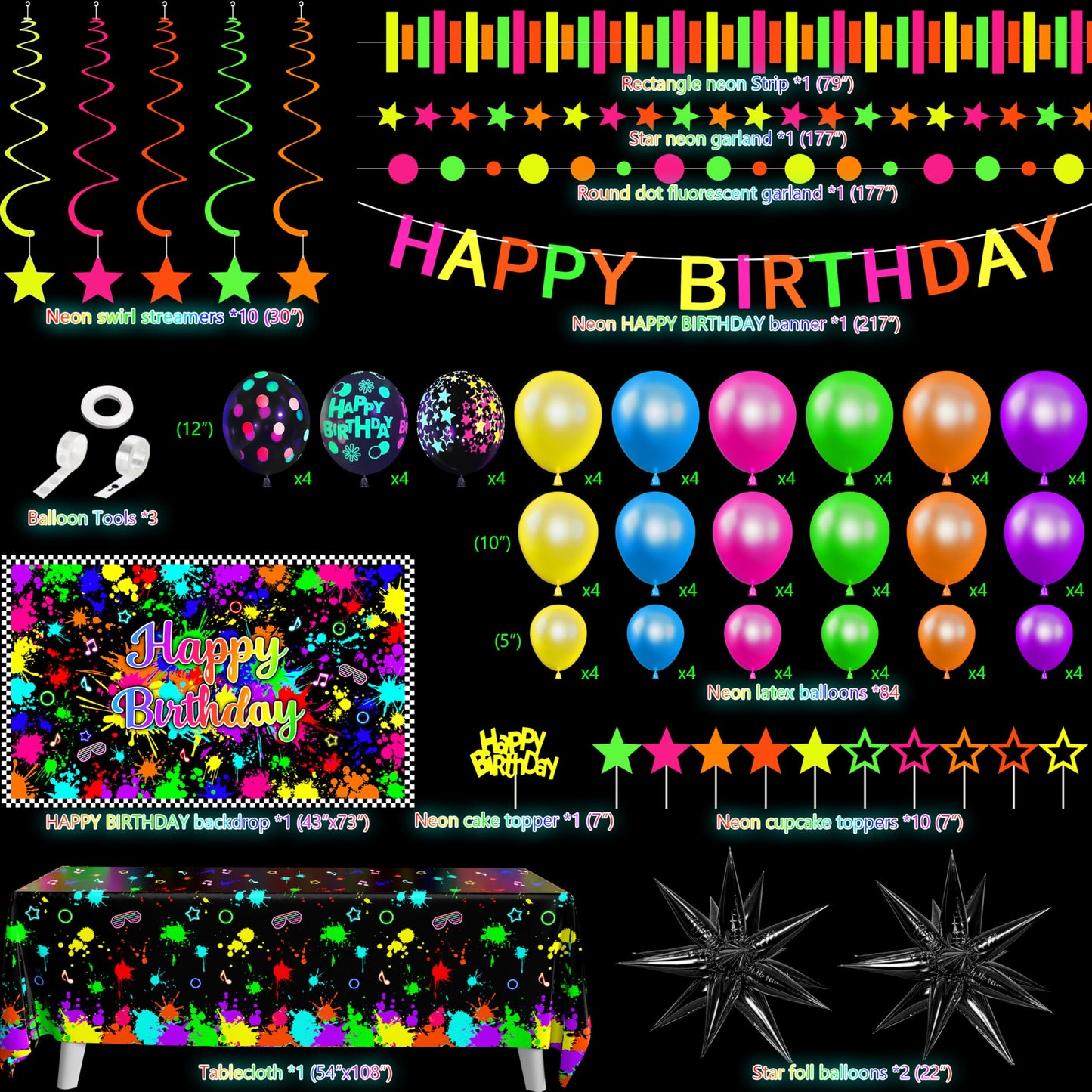 Fayoo Neon Birthday Party Decorations - Glow in the Dark Backdrop, Balloons & Neon Banner