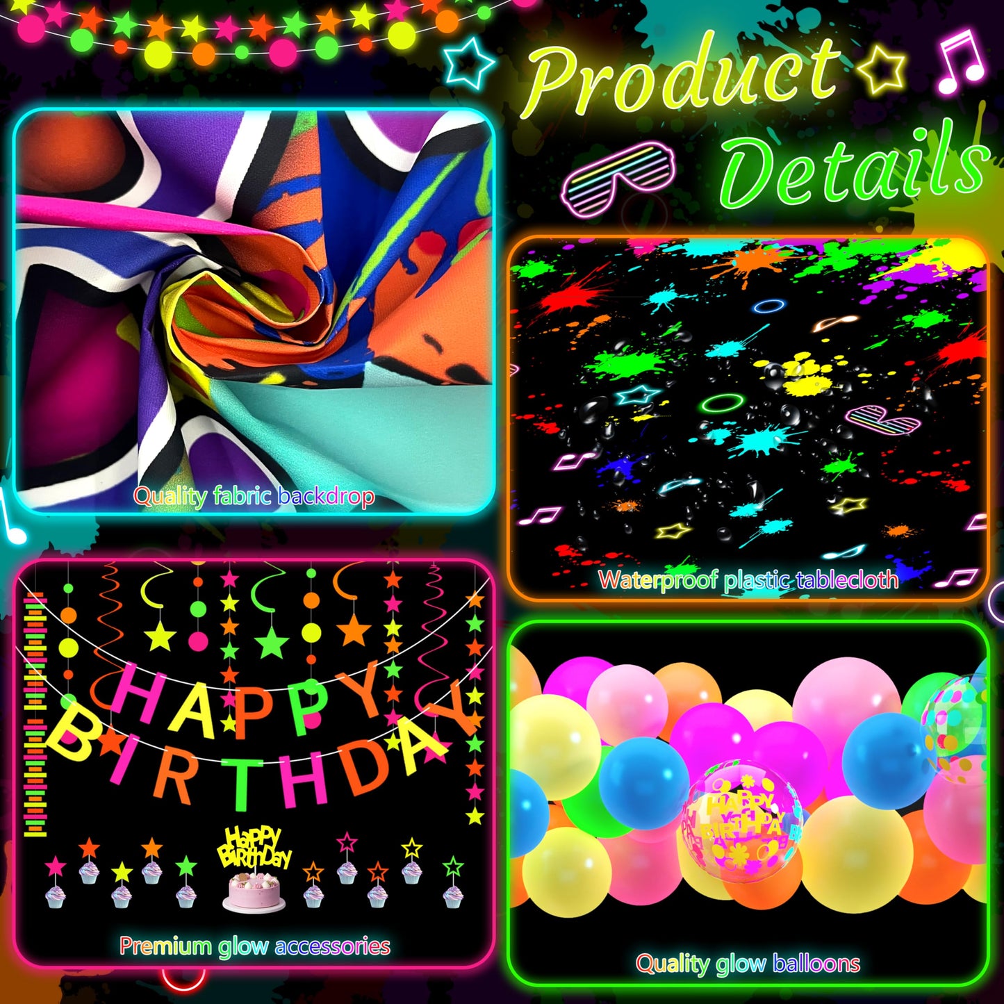 Fayoo Neon Birthday Party Decorations - Glow in the Dark Backdrop, Balloons & Neon Banner
