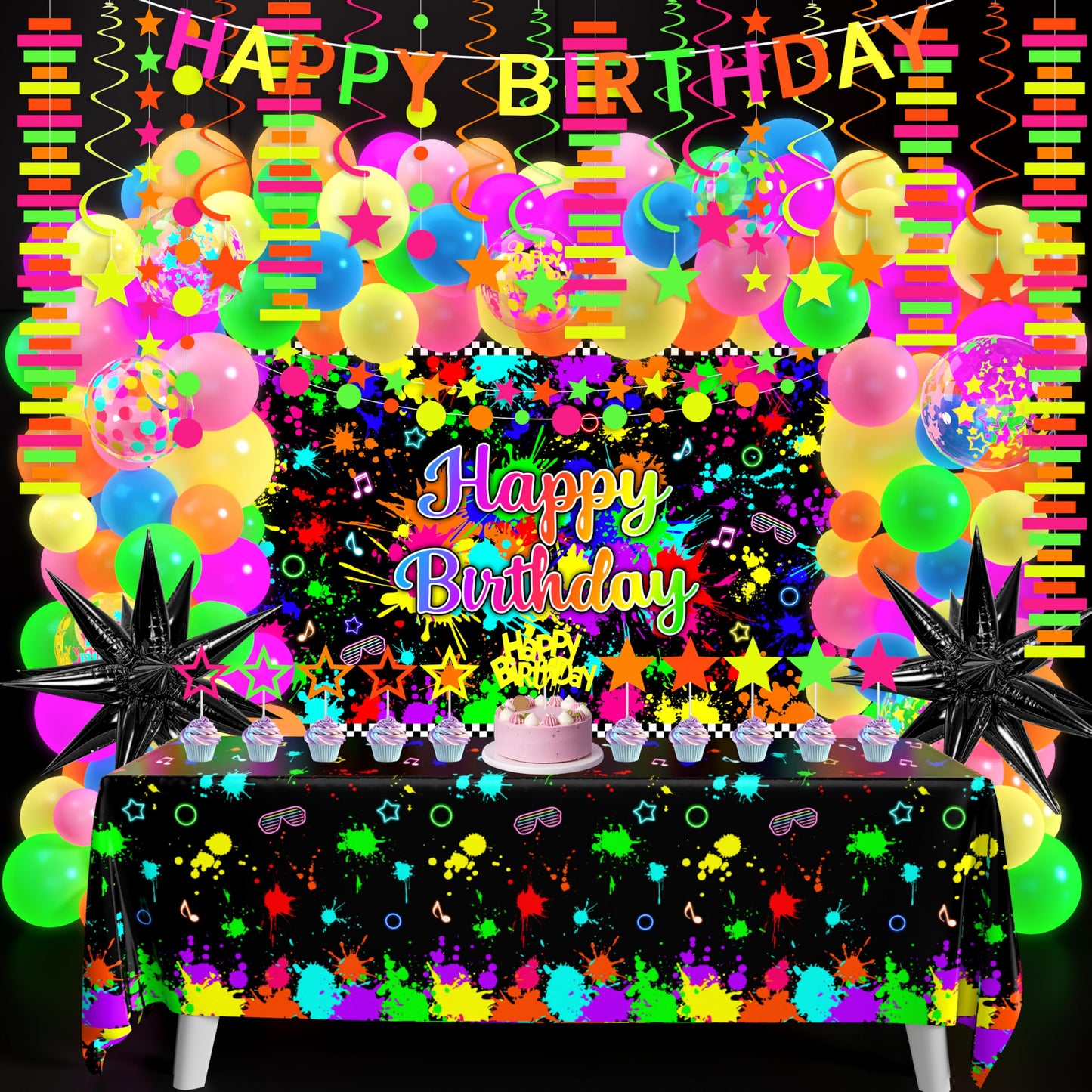 Fayoo Neon Birthday Party Decorations - Glow in the Dark Backdrop, Balloons & Neon Banner