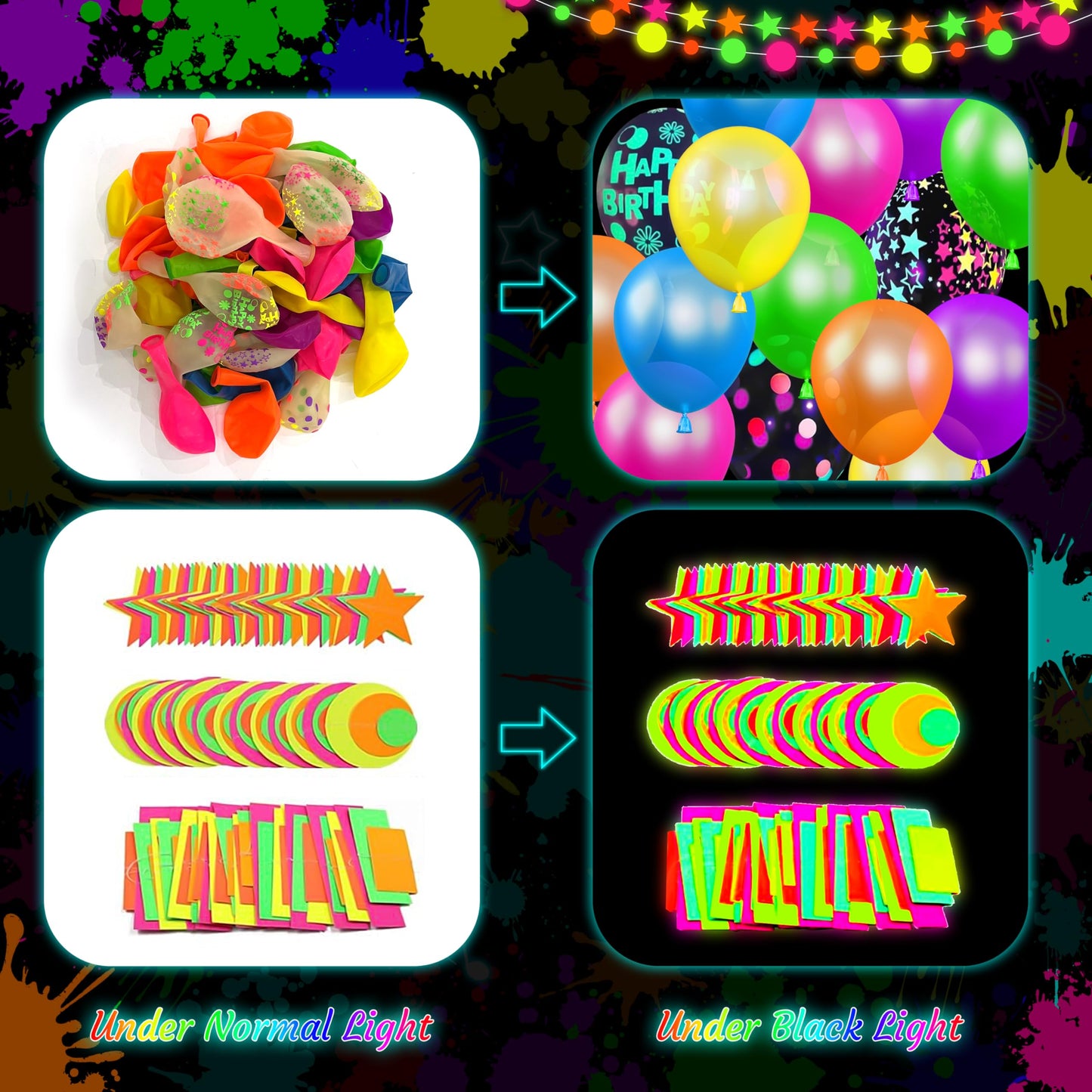 Fayoo Neon Birthday Party Decorations - Glow in the Dark Backdrop, Balloons & Neon Banner