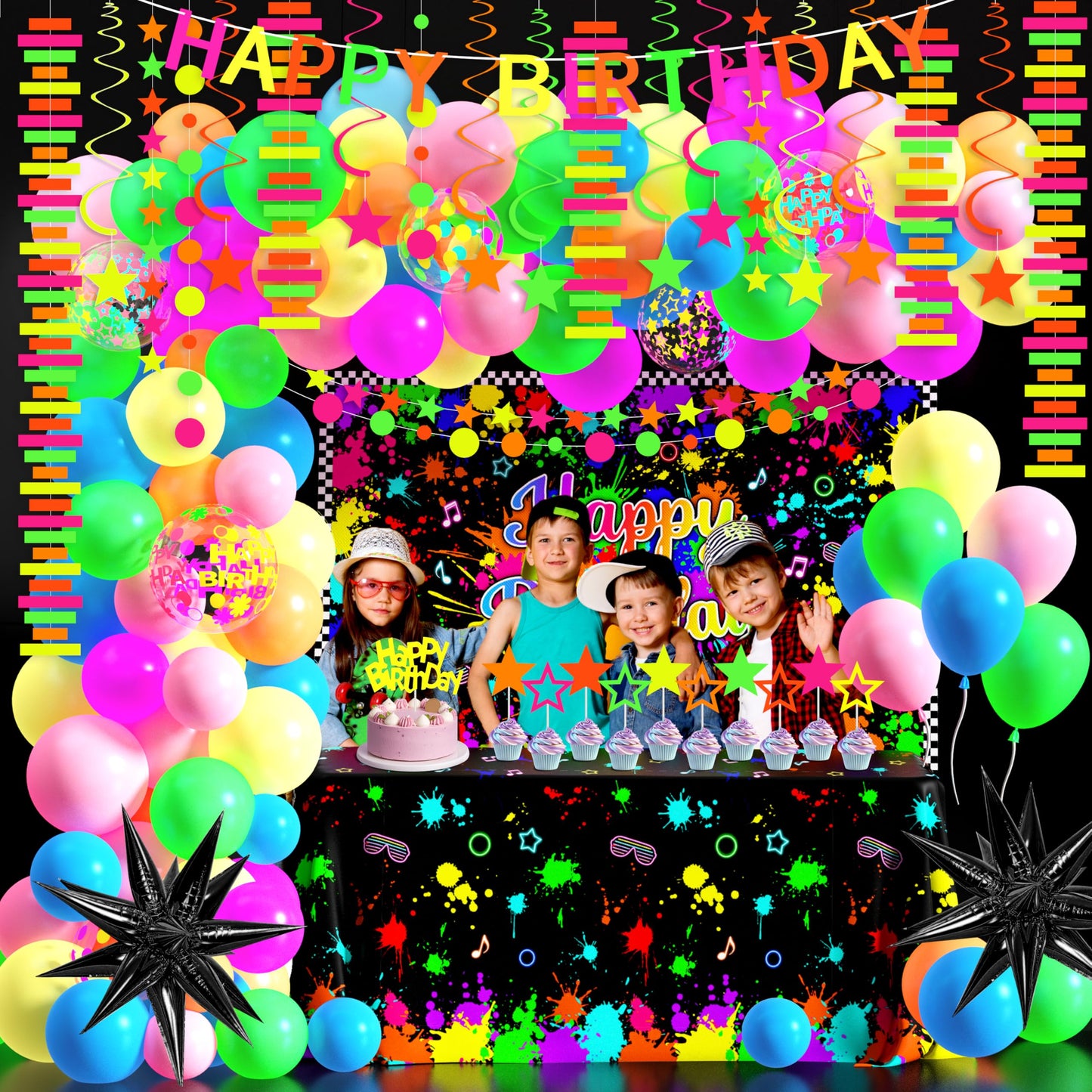Fayoo Neon Birthday Party Decorations - Glow in the Dark Backdrop, Balloons & Neon Banner