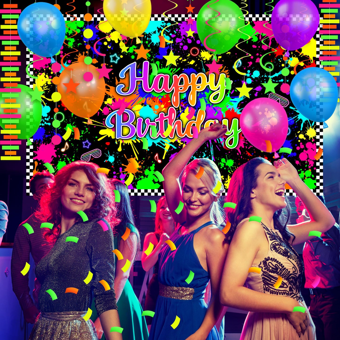 Fayoo Neon Birthday Party Decorations - Glow in the Dark Backdrop, Balloons & Neon Banner